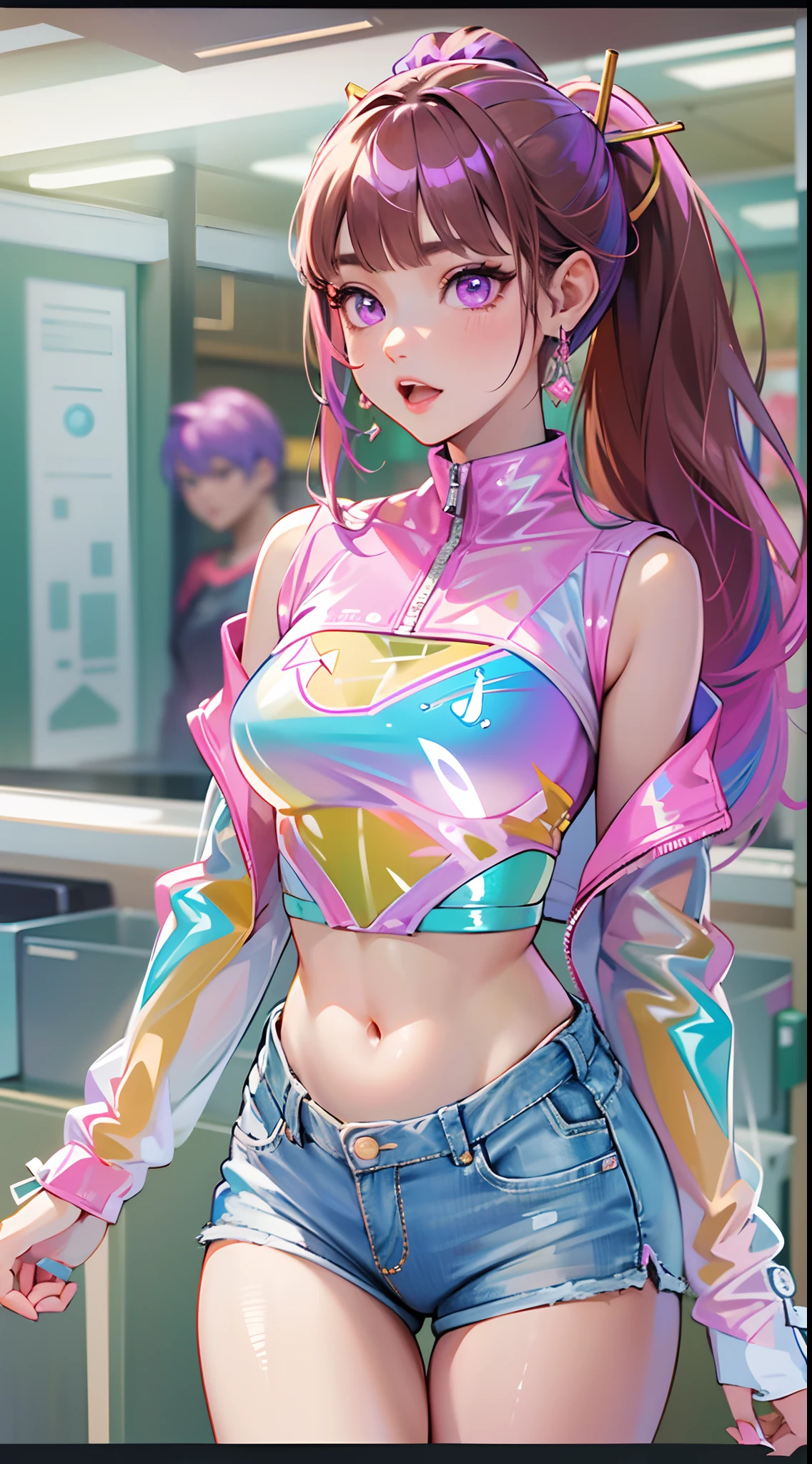((Masterpiece)), best quality, absurderes, ultra detailed, holographic, cowboy shot, golden ratio, super cute girl, mature girl, idol girl, super beautiful asian girl with very beautiful violet glowing eyes, beautiful glowing brown multicolored hair, high ponytail, nice and sexy body, slim body, perfect body, wearing a super tight anime printed leotard, an anime printed super tight off shoulder long sleeve crop top, a super aesthetic transparent mini jacket, beautiful hair ornament, pink jordan tennis, being photographed in a mall shop,