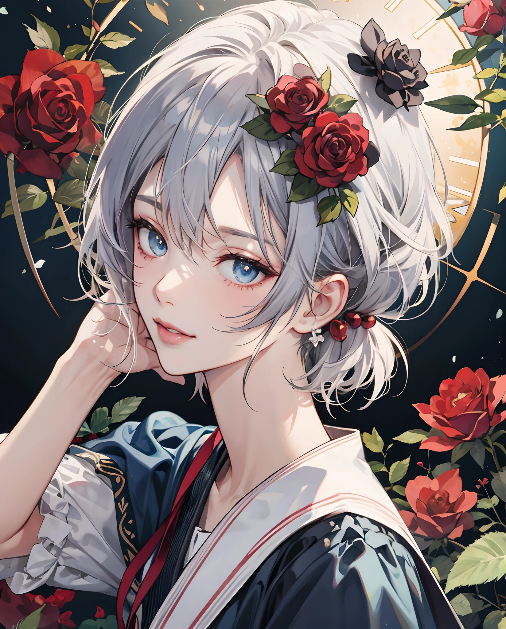masterpiece、top-quality、超A high resolution、2D Beautiful Girl、animesque、s girl、Seven-colored hair、short-haired、Rose hair ornament、Beautiful silver eyes、The clothes are also depicted in detail、Eyes are depicted in detail、The face is depicted in detail、sorcerer、soio、Gentle smile、hair adornments、animesque、illustratio