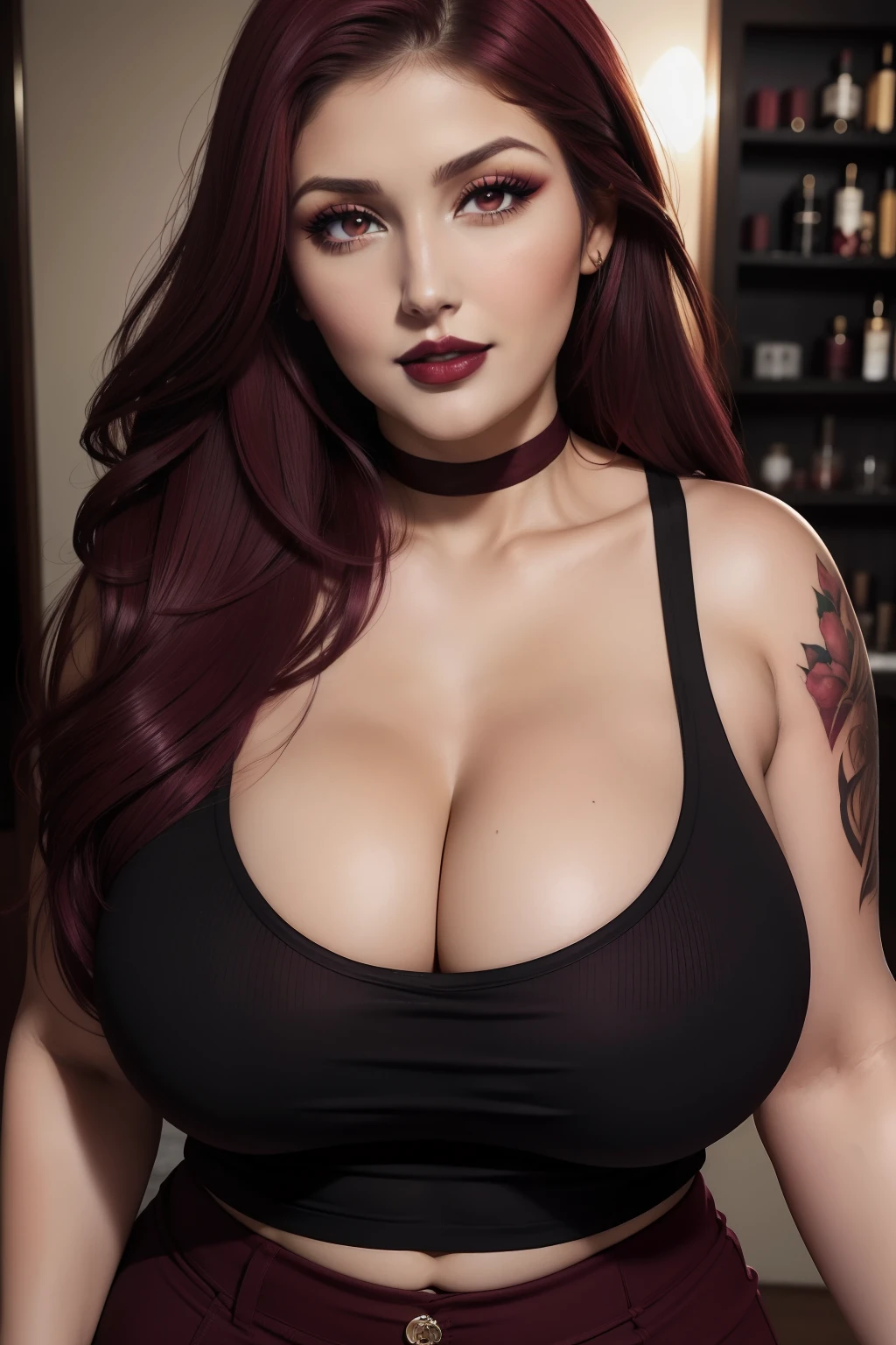 Lucy Pinder, face portrait, beautiful face, smiling, voluptuous woman, ((very intense makeup)), ((maroon lipstick)), long hair, maroon hair, very long hair, tank top, black t-shirt, cleavage, black formal pants, tattoo on chest, ((chubby woman))