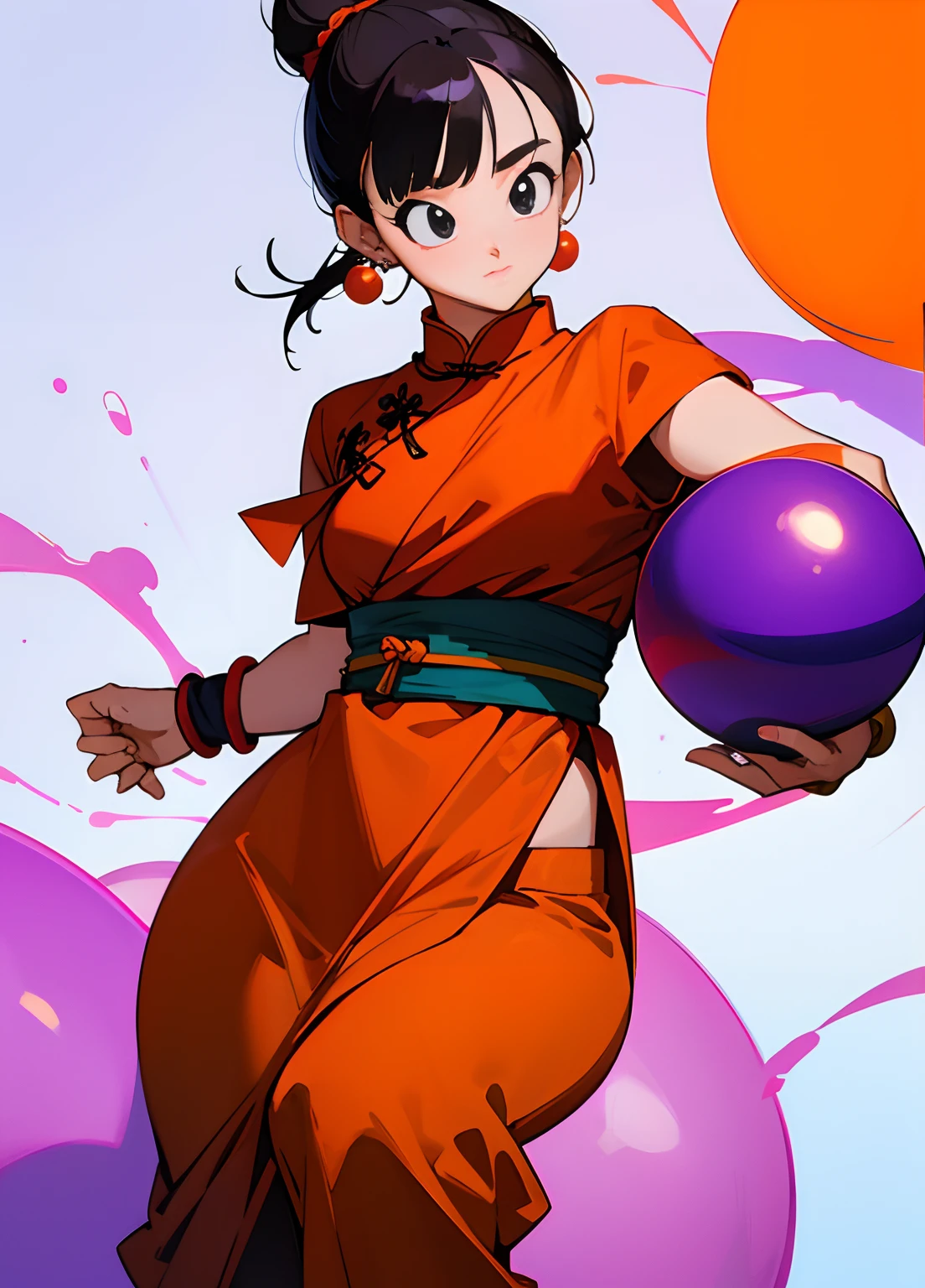 masterpiece, best quality, highest quality, photorealistic, perfect anatomy, perfect face, perfect eyes,
dbzch1ch1, sidelocks, bangs, single hair bun, hair bun, (black eyes), orange pashmina wrap, red sphere earrings , red wristbands, purple cheongsam, twerk pose