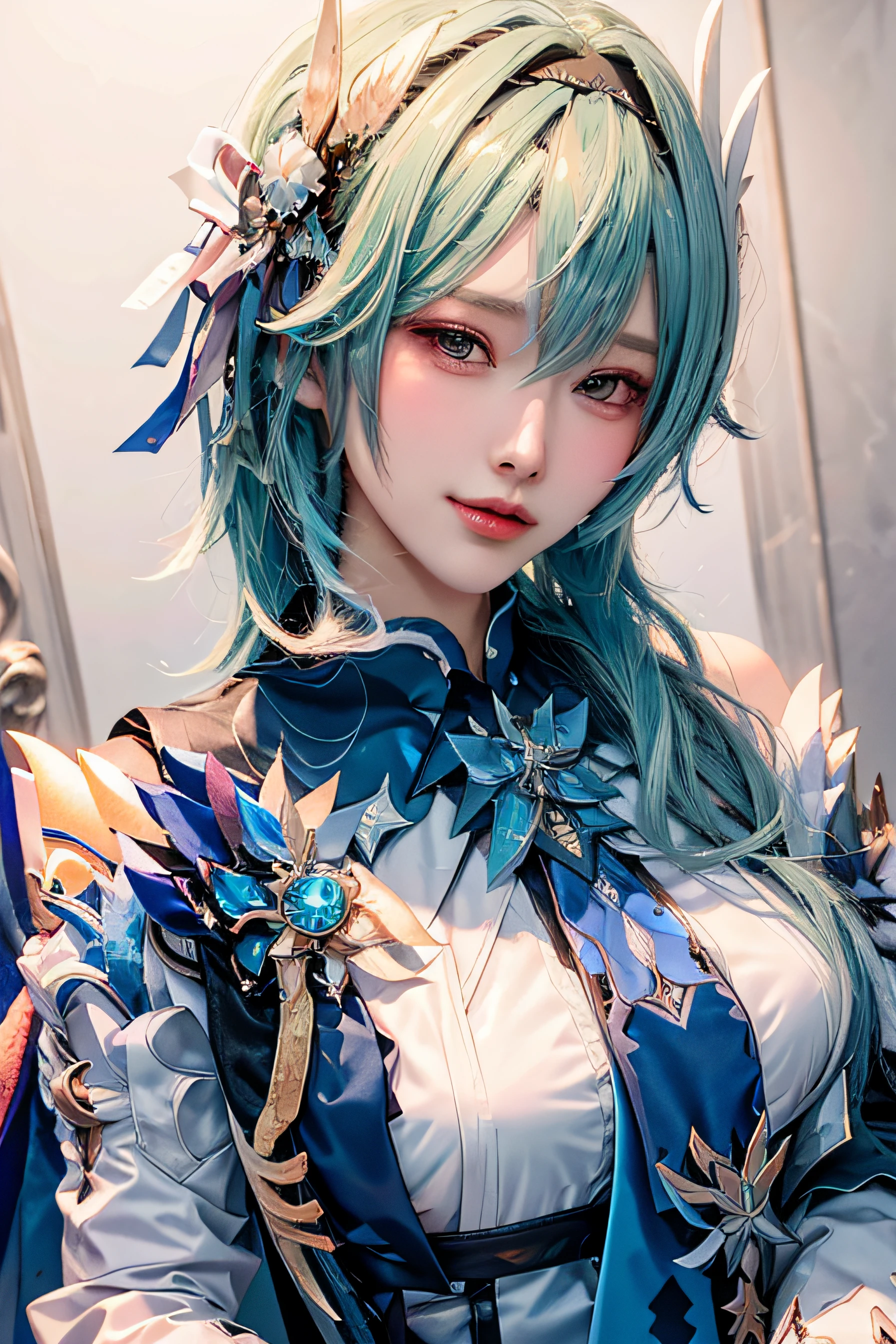 Beauty of a goddess, slim face, beautiful wan, 1girl, solo, (masterpiece:1.2), best quality, eula, genshin, high detailed, 8K resolution, looking at viewers, eula from genshin impact, outdoor, hairband, blue hair, necktie, cape, ((vision \(genshin impact\) )), long sleeves, gloves, sidelocks, (smiling), slender figure, ((wide beautiful eyes)), ((a close up portrait photo, head to bust))