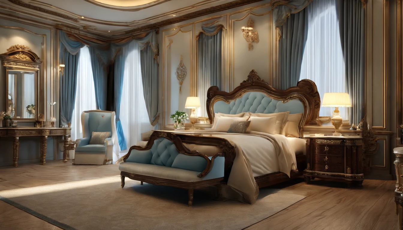 Best artwork, (Fully furnished royal luxury bedroom, Neoclassical, Light blue tones:1.2), 8K, Very good lighting, photograph realistic, Focus sharp, (The lighting studio is bright, 电影灯光), (Masterpiece:1.5), Best quality, Super detail, High detail, wide angles,