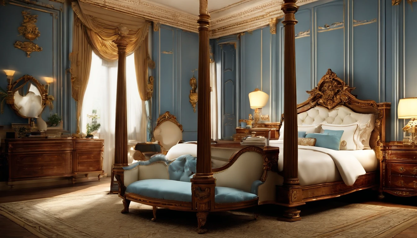 Best artwork, (Fully furnished royal luxury bedroom, Neoclassical, Light blue tones:1.2), 8K, Very good lighting, photograph realistic, Focus sharp, (The lighting studio is bright, 电影灯光), (Masterpiece:1.5), Best quality, Super detail, High detail, wide angles,