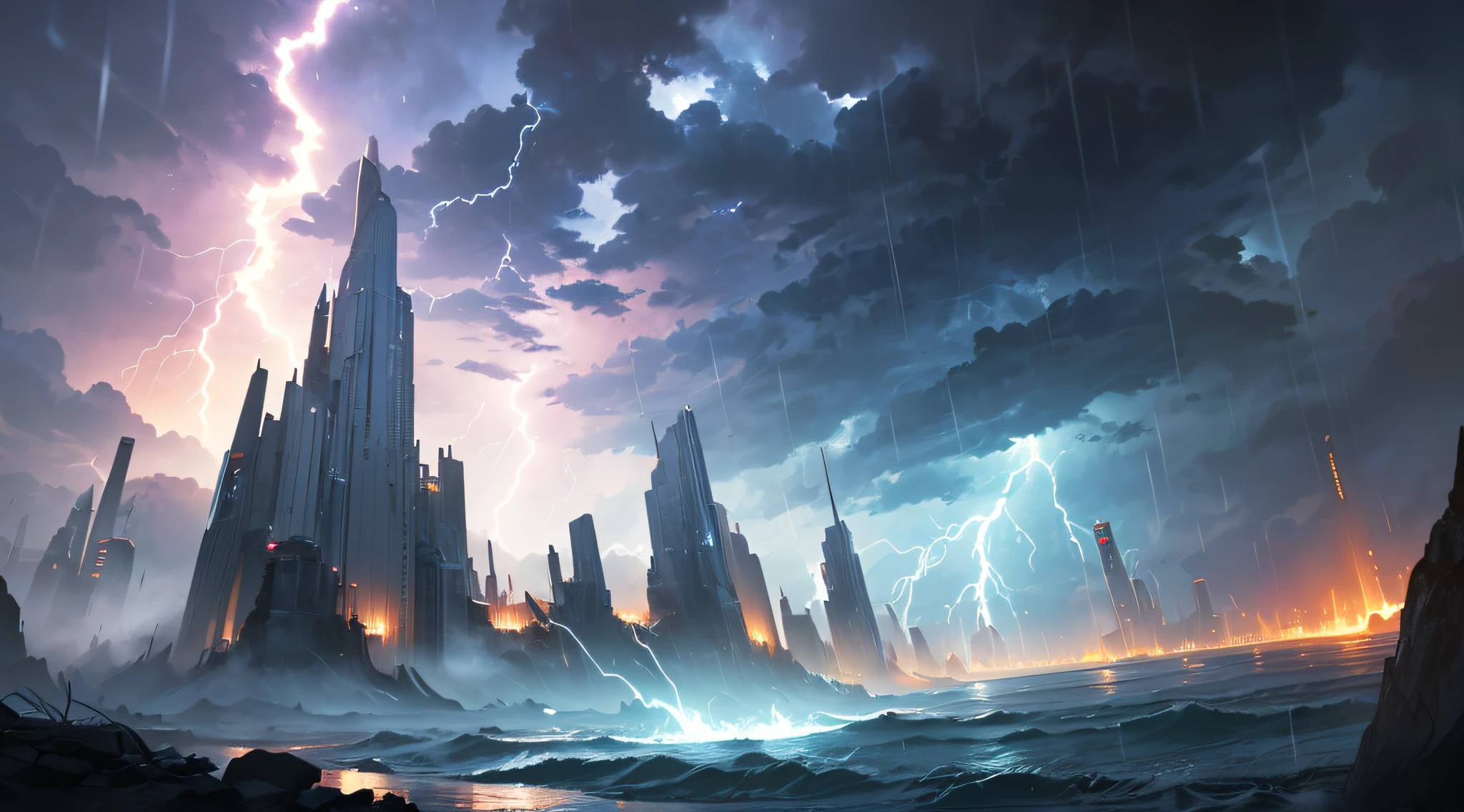 masterpiece、Background with((Fantastic Great Storm、lightning bolt、lightning、plural、very heavy rain))、Depth((Luminous Planets))、Looking up