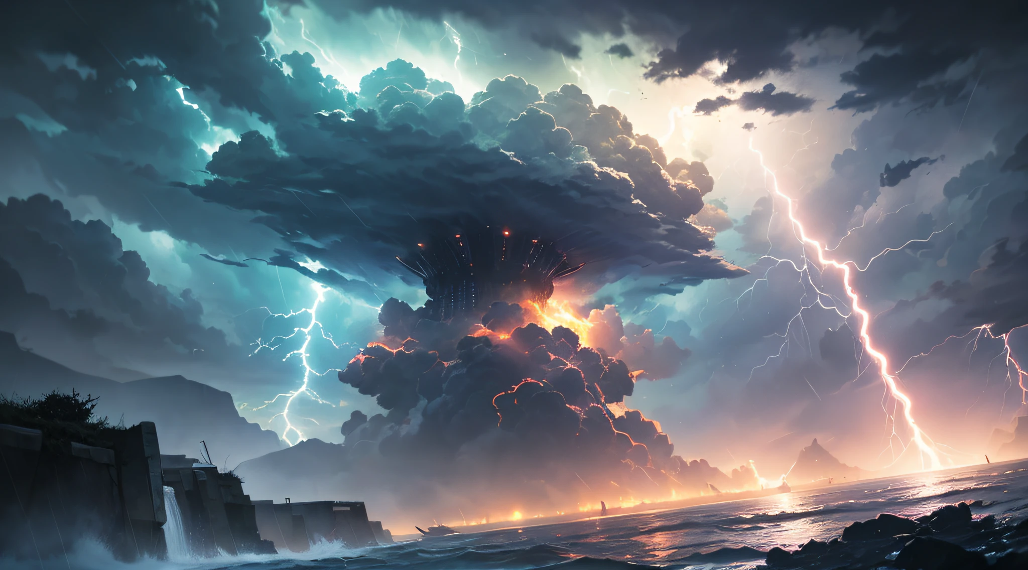 masterpiece、Background with((Fantastic Great Storm、lightning bolt、lightning、plural、very heavy rain))、Depth((Luminous Planets))、Looking up