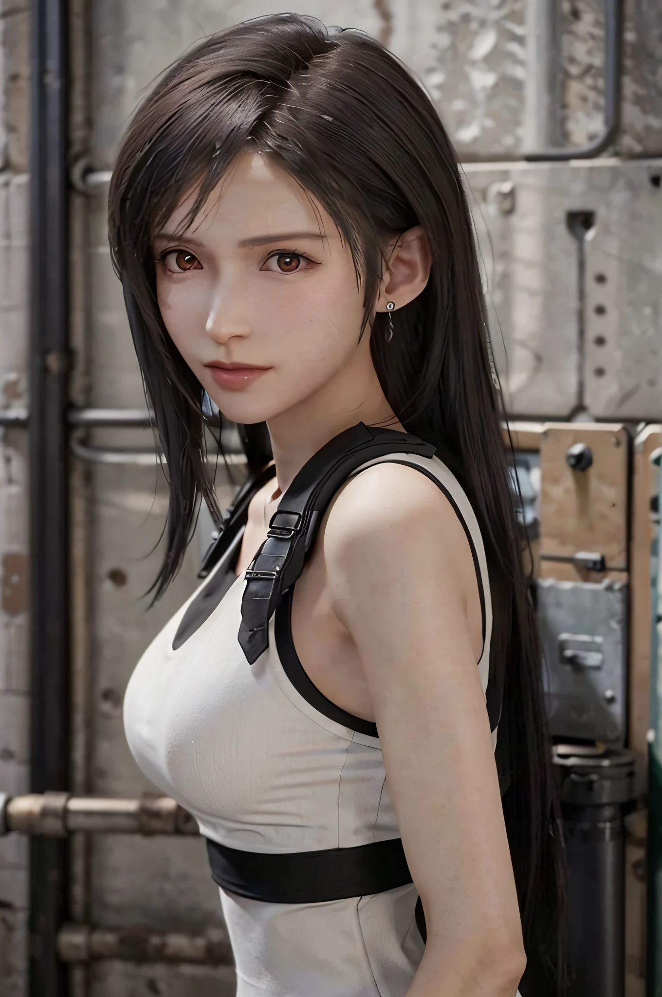 (masterpiece), (Top image quality), 8K分辨率, ultra-detailliert, ultra-detailliert, Realism, (1girl in), tifa, Final Fantasy, tifa lockhart, rays of sunshine, cinematic, Cool Pose, Concrete walls,metal pipes,The description of Red Eye App,Detailed double eyelids,short-hair、Dark brown color,slender,Model body type,no-makeup、Bust Bcups
