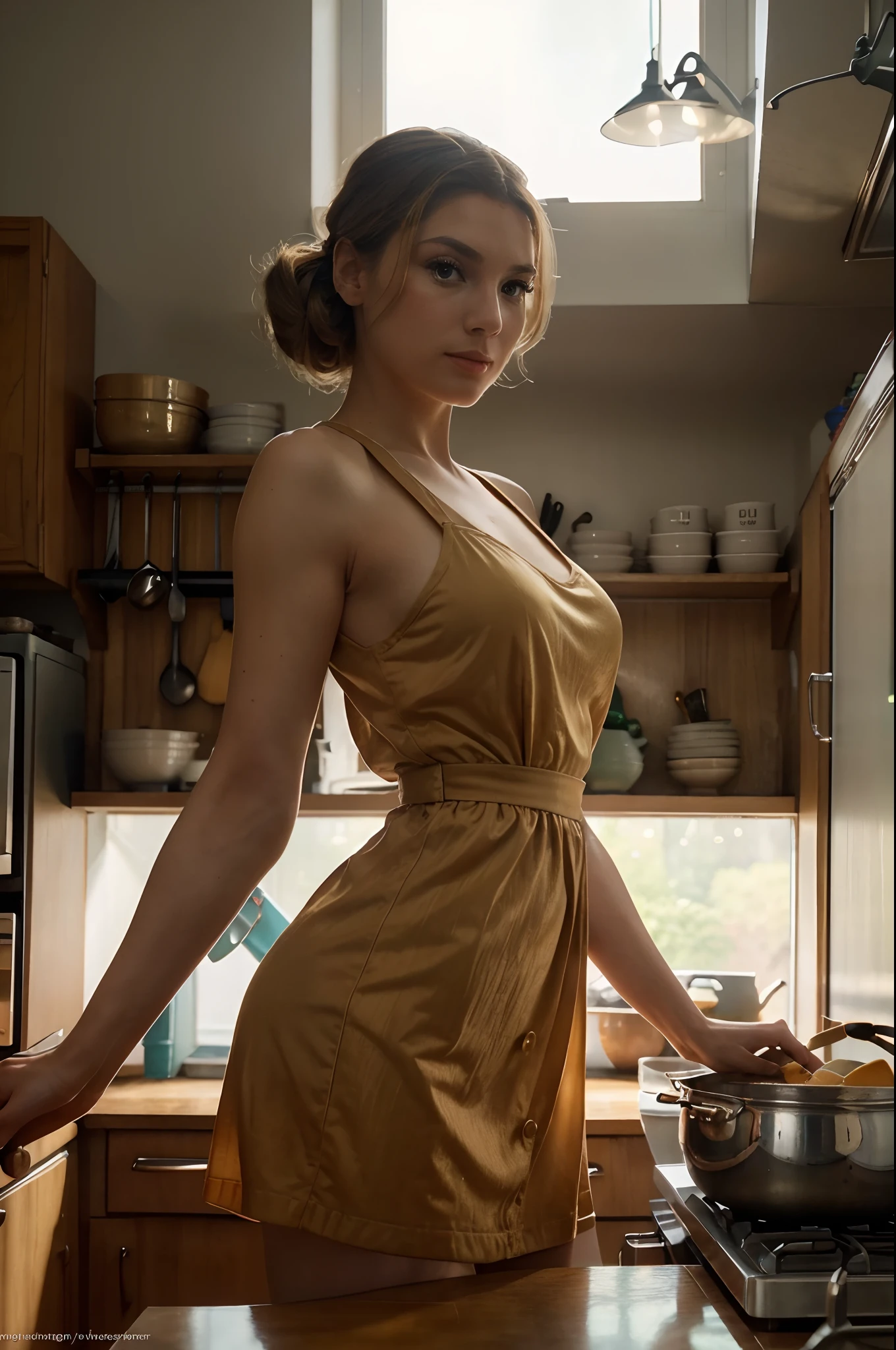 Low angle shot, an athletic honey blonde, wearing a colorful 1950s summer dress, 1950s hairstyle, medium breasts, not exposed, cooking on a stove in a sunny ((vintage kitchen)), looking away from viewer, beautiful view out the windows, 8 k sensual lighting, warm lighting, 4k extremely photorealistic, cgsociety uhd 4k highly detailed, trending on cgstation