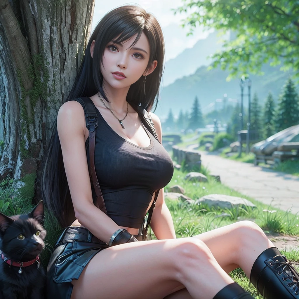 Tifa Lockhart, usando regata branca, Wearing black mini skirt with suspenders, usando bota preta
