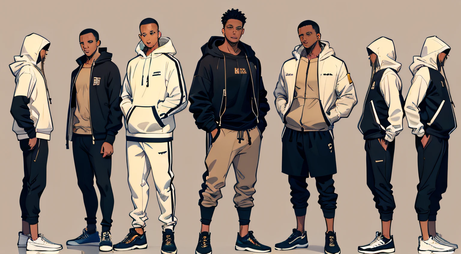 fashion design sheet. black man. beige color jogger gym outfit. jacket with very large hood