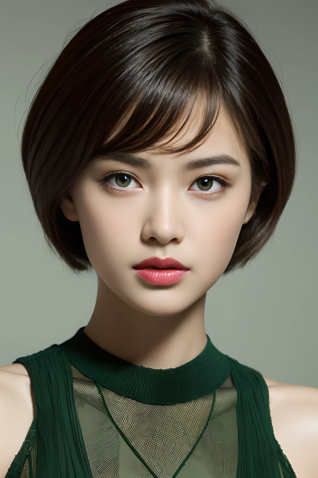 a photography of a beautiful woman, short-haired, brown skinned, big eye, extra detailed face, Beautiful skin, Wearing a dark green dress, A hyper-realistic, 8K