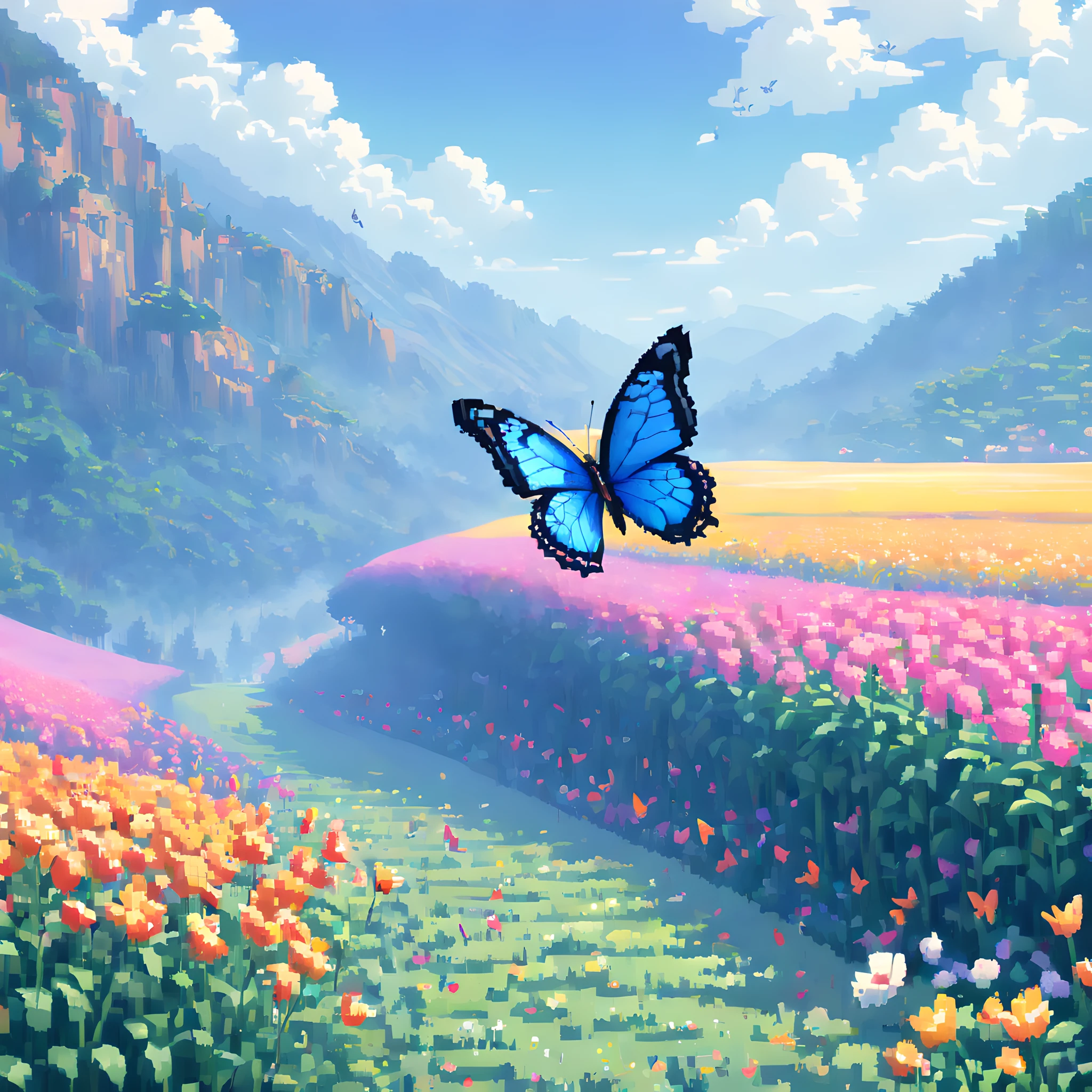 (butterfly:1.5),(landscape:1.5), (Pixel art:1.5), (pixel theme:1.5), (fantasy:1.5), (beautiful scenery:1.5),(landscapes:1.5),(colorful butterfly:1.5),(heaven:1.5),(beautiful flower field:1.5),(fantasy world:1.5),(Spiritual world:1.5),(scenic:1.5),(fantastic illustration:1.5), (absurderes:1.5),(ultra_detailed:1.5),(delicate:1.5),(Detail on facial expressions:1.5),(best quality:1.5),(masterpiece:1.5),