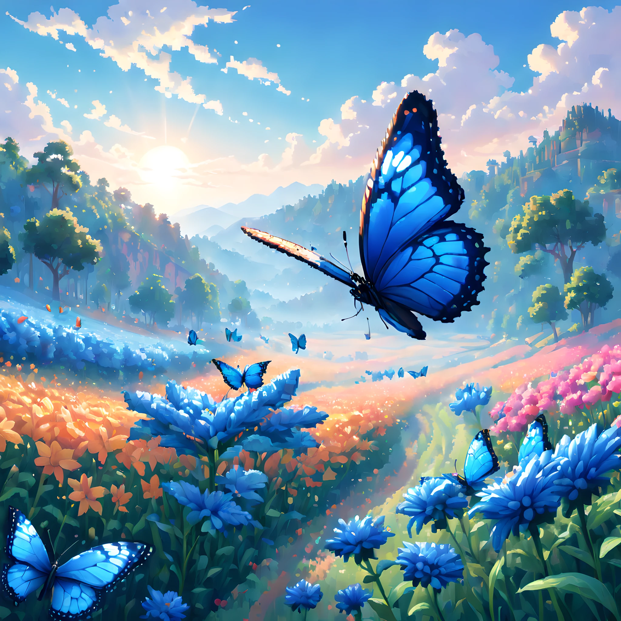 (butterfly:1.5),(landscape:1.5), (Pixel art:1.5), (pixel theme:1.5), (fantasy:1.5), (beautiful scenery:1.5),(landscapes:1.5),(colorful butterfly:1.5),(heaven:1.5),(beautiful flower field:1.5),(fantasy world:1.5),(Spiritual world:1.5),(scenic:1.5),(large amount of flying blue butterfly:1.5), (fantastic illustration:1.5), (absurderes:1.5),(ultra_detailed:1.5),(delicate:1.5),(Detail on facial expressions:1.5),(best quality:1.5),(masterpiece:1.5),