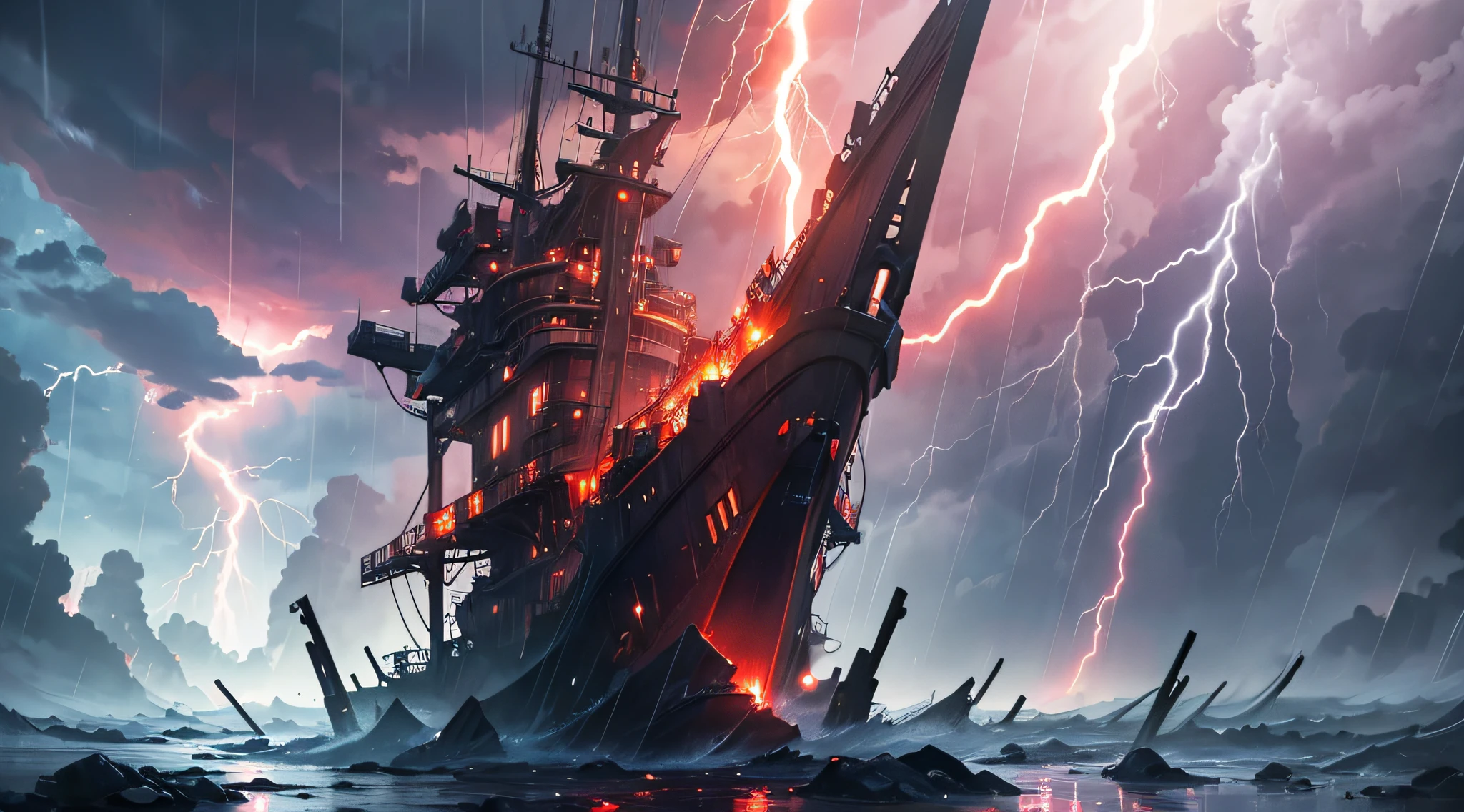 ​masterpiece、Background with((Fantastic Great Storm、Thunder plural、very heavy rain))、Depth((Red glowing lightning))、Looking up