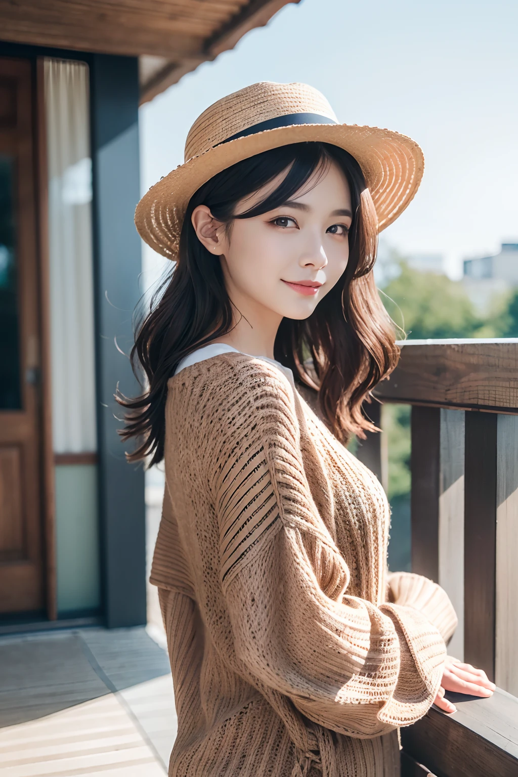 (8K,Raw photo、Raw photo、top-quality、Master masterpiece:1.2)、ultra-detailliert、Super Resolution、(Photorealsitic:1.3)、Angle to shoot from the front、Clearly draw shades of light、high resolution RAW color photos、professional photograpy、Same skin type as humans、Female proofreading of Japan from head to waist、Blur the background、Draws faithfully to anatomy、Very detailed and beautiful、Ultra-high image quality、long、Hair swaying and sexy、Very detailed beautiful girl、smil、Plain clothe、The upper part of the body、Loosely curly hair、outside terrace、fedora hat、Sweaters、knit