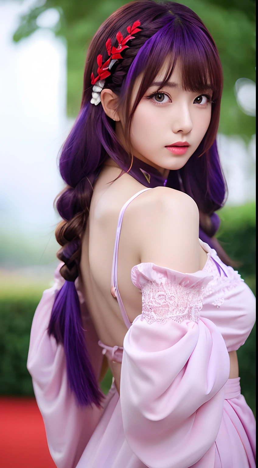 1girl in, Blunt bangs, braid, Wide sleeves, Hair Ornament, komono, red obi, (Purple hair:1.2), Very long hair, Straight hair, Looking at Viewer, Highly detailed background, (photographrealistic:1.2), Detailed eyes, Red eyeshadow, depth of fields，Thigh, (ulzzang-6500:0.7), Upper body, (Solo:1.2), cleavage, (Fingers on lips:1.1),Shiny skin、NSFW、