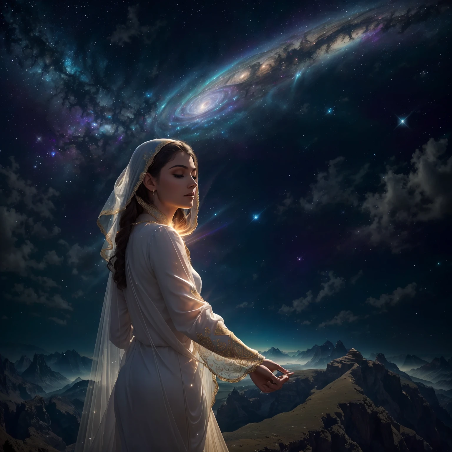 A divine being from outer space is gazing down at humanity on Earth. (best quality,4k,8k,highres,masterpiece:1.2),ultra-detailed,(realistic,photorealistic,photo-realistic:1.37), HDR, UHD, studio lighting, extremely detailed eyes and face, long eyelashes, ethereal and majestic presence, glowing body, vibrant colors, surreal atmosphere, celestial background, transcendent powers, floating gracefully, awe-inspiring expression, intricate details on the divine attire, intricate patterns in the sky, peaceful and serene surroundings, divine rays of light illuminating the landscape, people in awe and wonder, a sense of grandeur and vastness, divine consciousness permeating the scene.