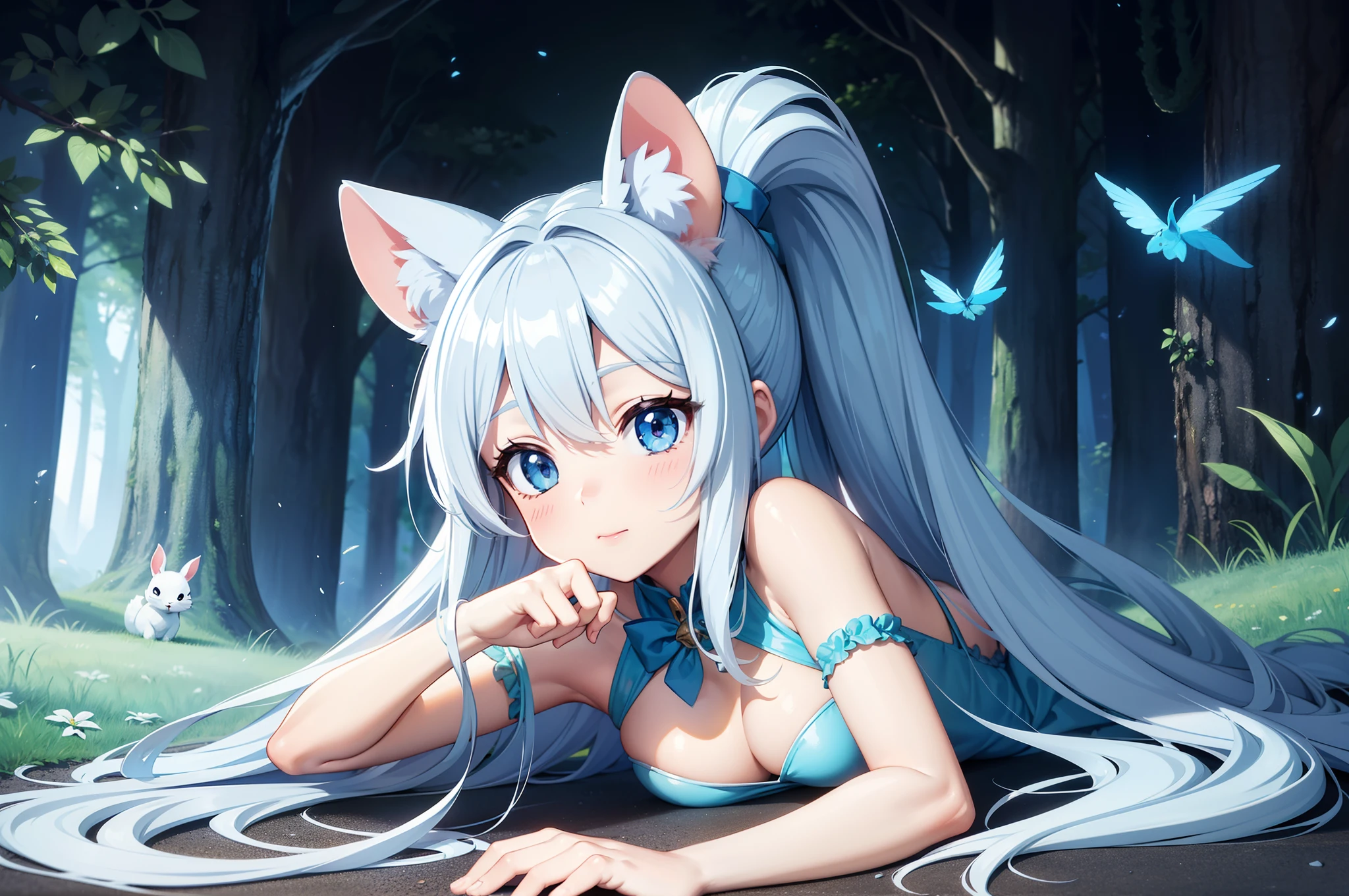 in woods、There is a small white rabbit with long ears, White long ears、I'm with a girl with long blue hair and a chibi character。It is a cute sexy outfit in white and blue。White panty Dark eyes。cute forest creature,。Adorable Digital Painting, cute detailed digital art, the squirrel king, Cute digital art, cute cartoon characters, cute character, CuteCreatures, Cutie, official illustrations, Official art, squirrel, maplestory mouse, astri lohne, cute 3d render