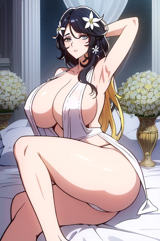 1chica, solamente, Afrodita, cabello rubio, adornos para el cabello, flores en el cabello, pechos enormes, dress shirt, escote, cuello, pulseras doradas, obra maestra, mejor calidad, colores vibrantes, NSFW, oversized gigantic breast, Mujer completamente madura, ojos azules, Cabello largo, Lugurian face, white panties, on a bed, bottom room, (Beautiful,big size senos:1.4), (Beautiful_cara:1.5), (estrecho_cintura)