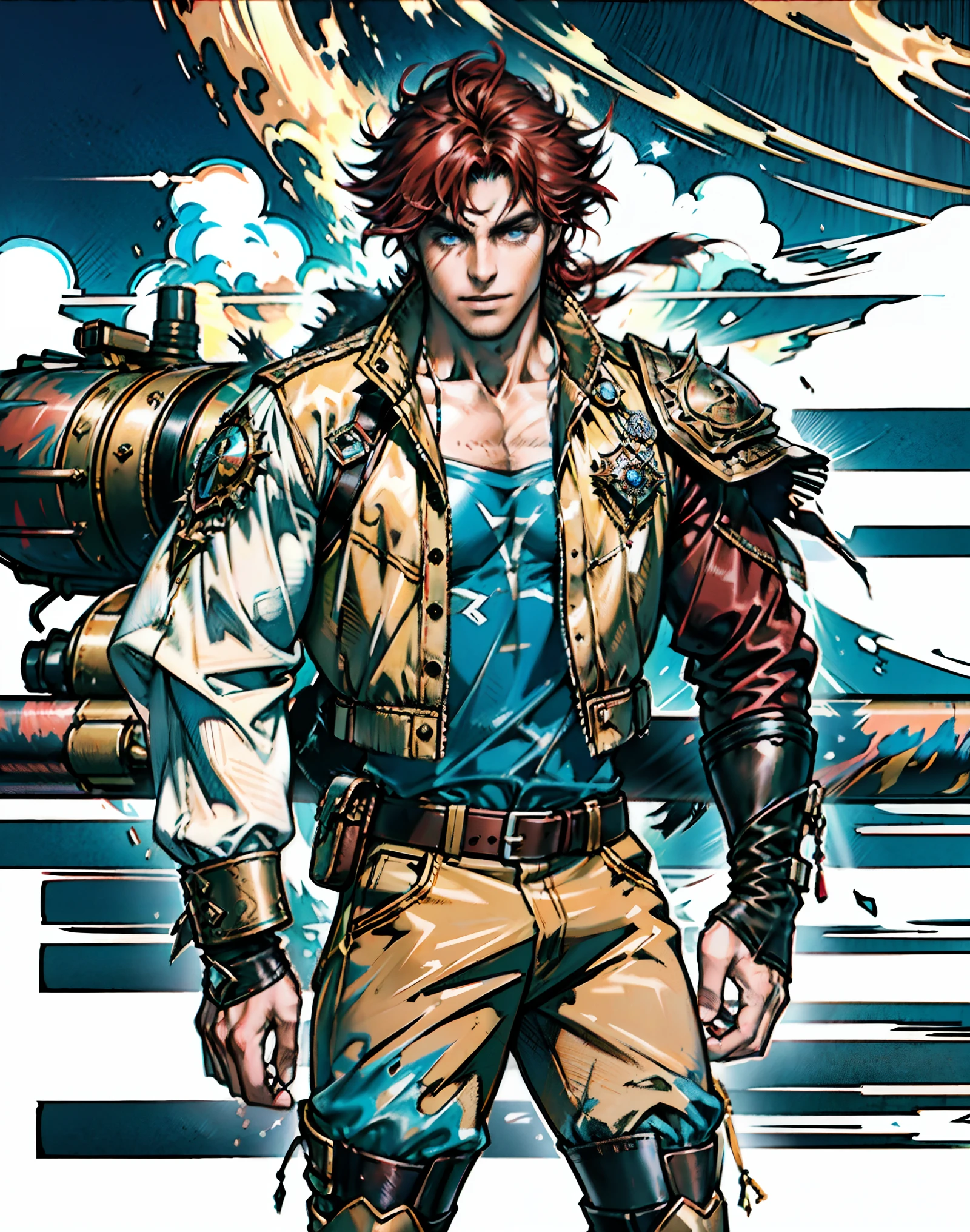 A teenage boy, short brown hair, spiked in the middle with a tuft of red hair, sharp gaze, a playful smile, a fantasy-style two-piece outfit, a dark-colored tight-fitting undershirt, a light-colored vest with wave patterns, a multifunctional belt, utility trousers, the surroundings depict swiftly flowing air, a high-speed blurred background, conveying a sense of speed, this character embodies a finely crafted fantasy-realistic style adventurer in anime style, characterized by an exquisite and mature manga illustration art style, high definition, best quality, highres, ultra-detailed, ultra-fine painting, extremely delicate, professional, anatomically correct, symmetrical face, extremely detailed eyes and face, high quality eyes, creativity, RAW photo, UHD, 8k, Natural light, cinematic lighting, masterpiece--perfect, masterpiece:1.5