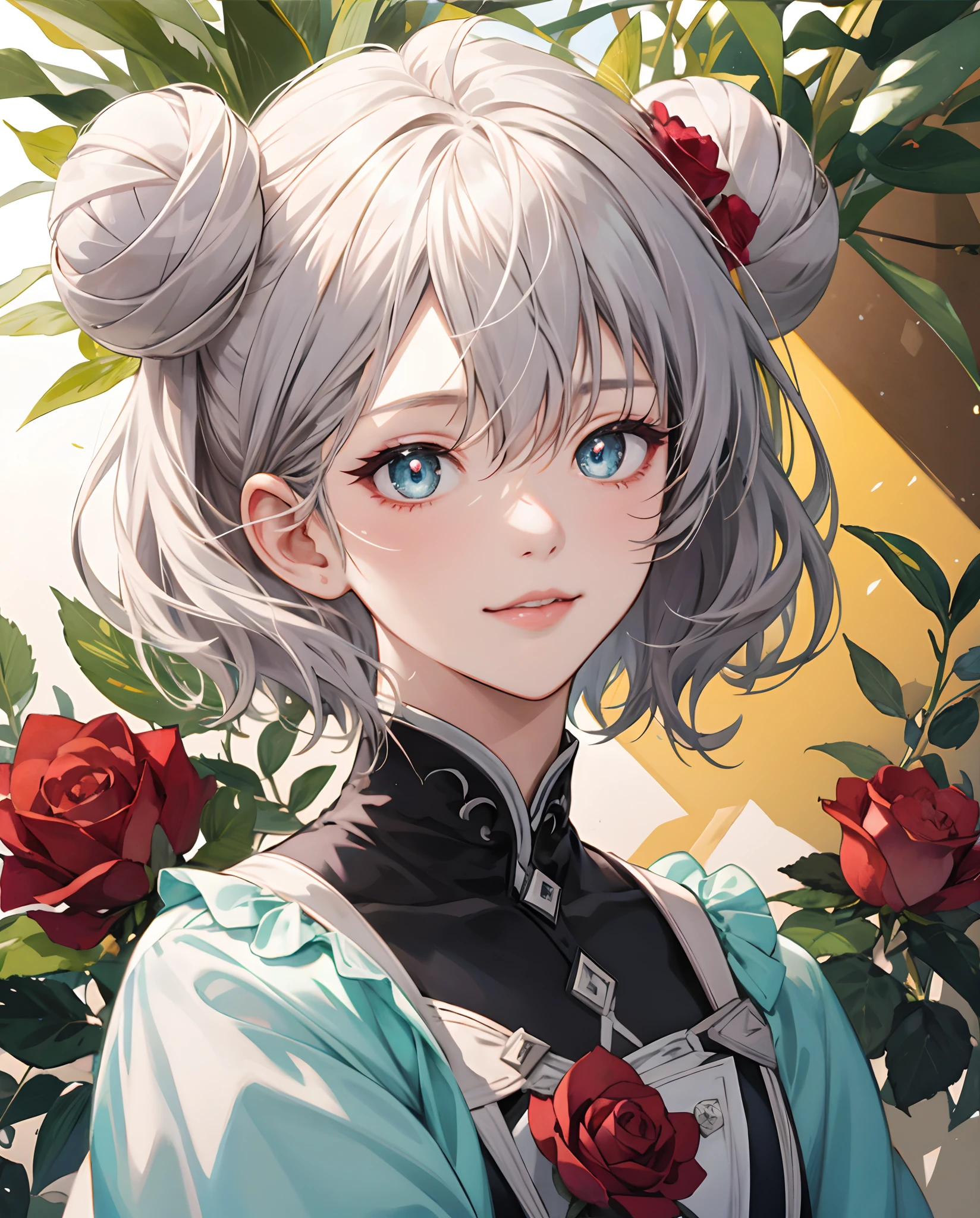 masterpiece、top-quality、超A high resolution、2D Beautiful Girl、animesque、teens girl、Bun hair、pupils、short-haired、Rose hair ornament、Beautiful silver eyes、The clothes are also depicted in detail、Eyes are depicted in detail、The face is depicted in detail、sorcerer、soio、Gentle smile、hair adornments、animesque、illustratio