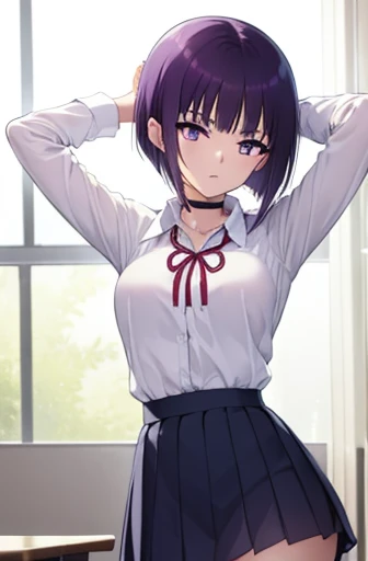 miyabisenpai, miyabi senpai, short hair, bangs, purple hair, (purple eyes:1.1),
BREAK skirt, shirt, long sleeves, ribbon, school uniform, pleated skirt, choker, collared shirt, neck ribbon, black choker,
BREAK indoors, classroom,
BREAK looking at viewer, (cowboy shot:1.5),
BREAK (masterpiece:1.2), best quality, high resolution, unity 8k wallpaper, (illustration:0.8), (beautiful detailed eyes:1.6), extremely detailed face, perfect lighting, extremely detailed CG, (perfect hands, perfect anatomy), contrapposto, spread armpit, arms behind head,