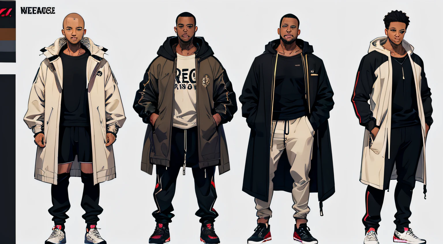 fashion design sheet. black man. beige color jogger gym outfit. jacket with very large hood