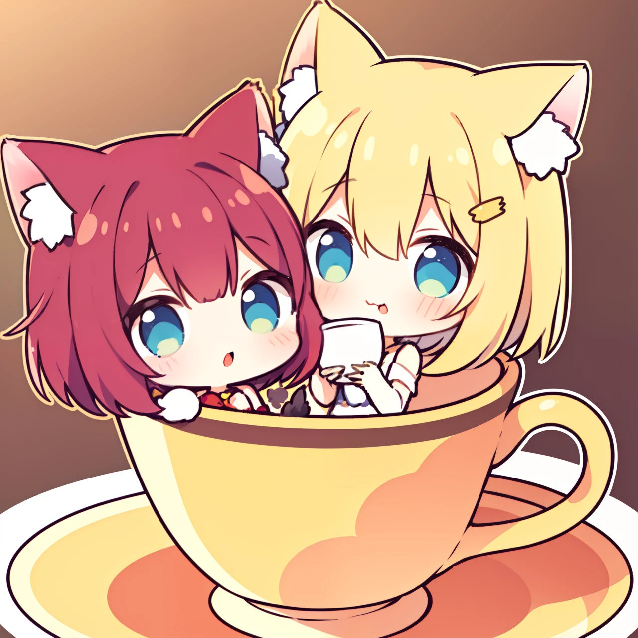 2girl, cat tail,in cup,chibi,