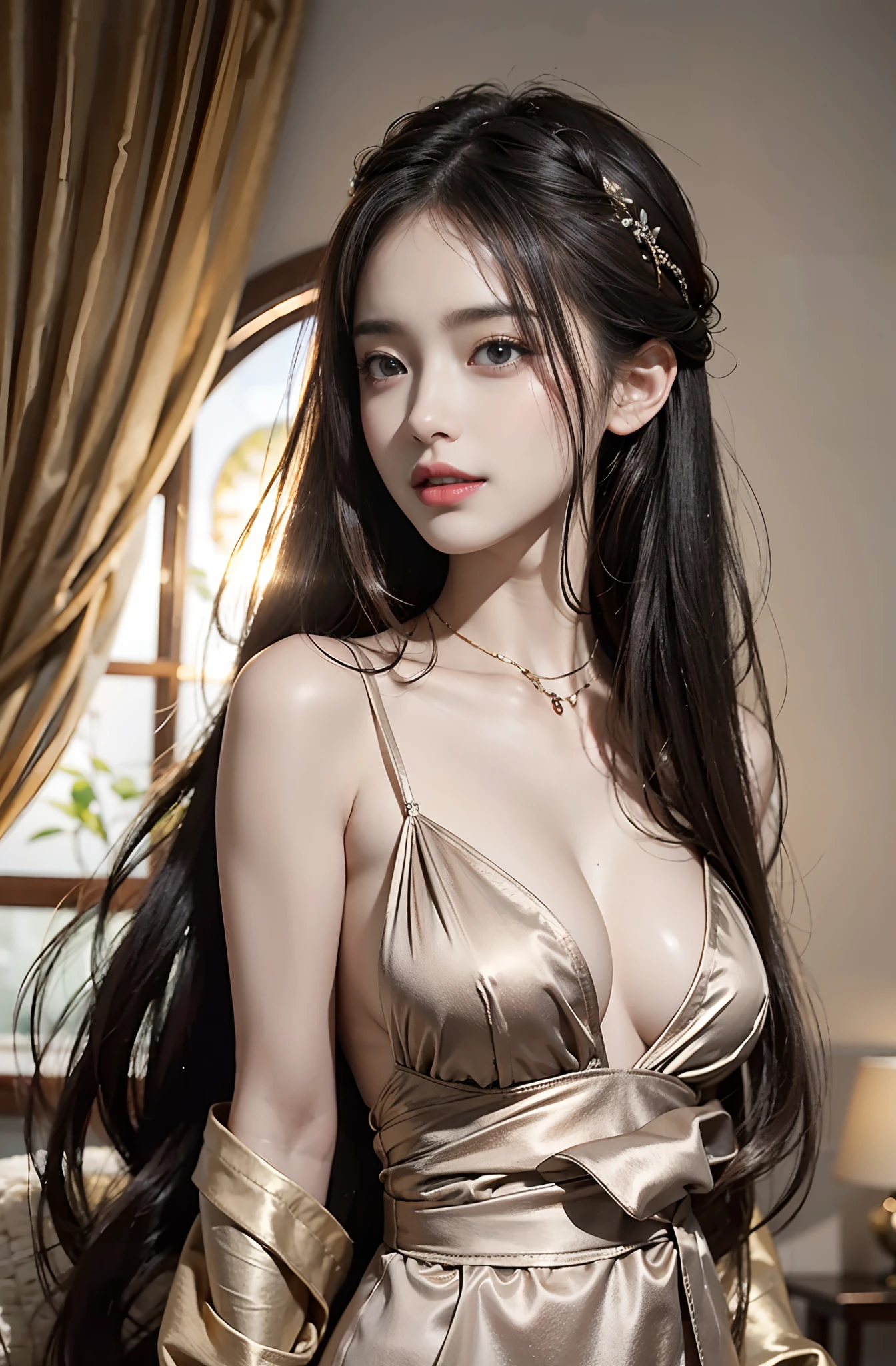 top-quality、masterpiece、超A high resolution、(Realistic:1.4)、Raw photo、1 、ssmile、A sexy、large boob、lighting like a movie