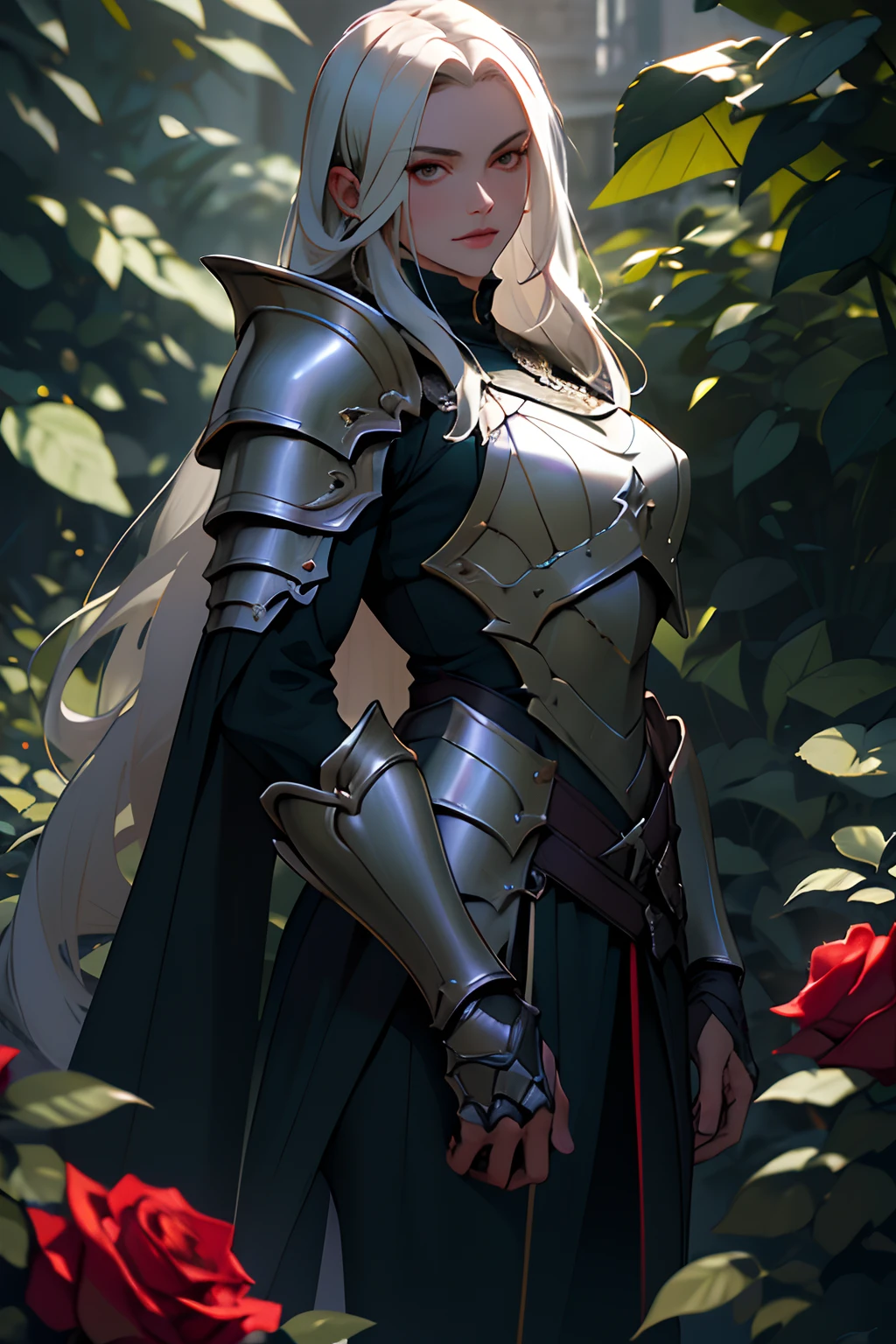 Best Quality, Masterpiece, The ultra-Highres,detailed background,realisitic,Solo,femele,mature,mature women,Dark green long hair, Straight hair, assassin,knight,rozen,Green Bull,poison\(theme\),dark fantasy,evil,Armor of Darkness,Depth of field, Background rose garden