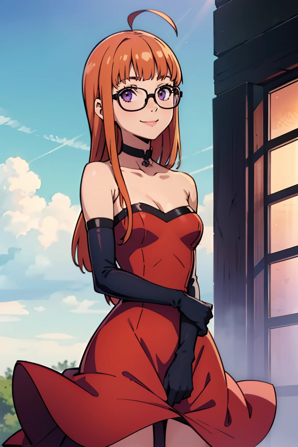 futaba sakura, glasses orange hair, long hair, (purple eyes:1.1), ahoge, red, dress, strapless dress, long white elbow gloves, smile