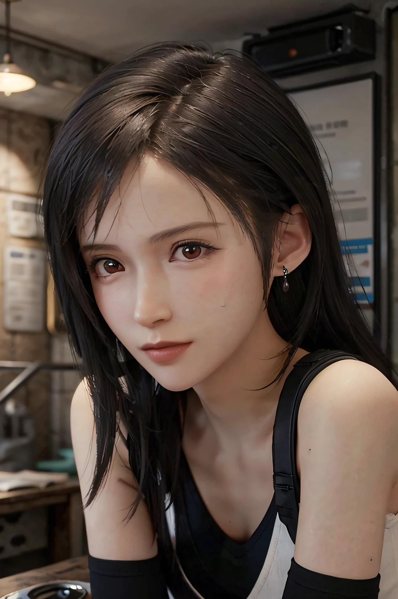 (masterpiece), (Top image quality), 8K分辨率, ultra-detailliert, ultra-detailliert, Realism, (1girl in), tifa, Final Fantasy, tifa lockhart, rays of sunshine, cinematic, Cool Pose, Concrete walls,metal pipes,The description of Red Eye App,Detailed double eyelids,short-hair、Dark brown color,slender,Model body type,no-makeup、Bust Bcups