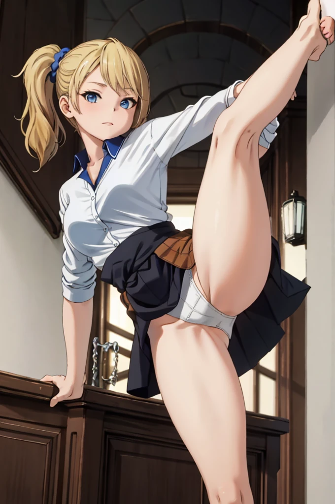 Masterpiece, best quality, best quality, (masterpiece:1.2), detailed, 1girl, solo, expresionless, blonde hair, blue eyes, side ponytail, scrunchie, school uniform, cardigan around waist, medium breasts, nice leg lines: 1.3, thick thighs, thin waist, watch viewer, low angle, white panties, standing_split, standing_on_one_leg, leg_up, legs stretched straight up