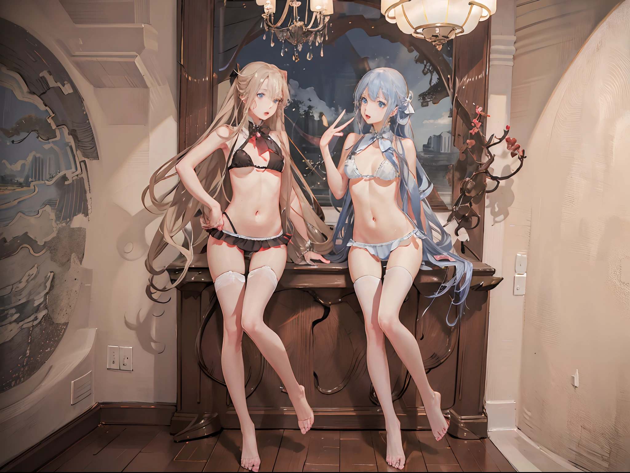 (masterpiece), realistic, beautiful face, sunlight, cinematic light, bangs, 2 beautiful sisters, full body, from above and side, BBQ, cook seafood , outdoor, school swimwear, lakeside, beautiful eyes, silver hair, perfect anatomy, very cute, princess eyes , (blue eyes) , Centered image, bioluminescence, 8 life size,8k Resolution, human hands, elegant, approaching perfection, dynamic, highly detailed, character sheet, concept art, smooth, facing directly at the viewer positioned so that their body is symmetrical and balanced, stunningly beautiful teenage girl, detailed hairstyle, fractal art, god ray, 10yo, endured sadness expression, open mouth and stick out tongue, castle ruins, airplane and contrail, rainbow, winter