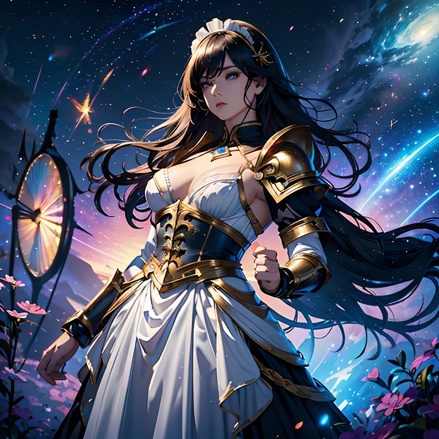 (Realistic, masterpiece, ethereal, cosmic, prism colors background, vivid light, refracting light, surreal aesthetic, cinematic lighting), (1female, Asian milf dressed in maid costume, armor lingerie, maid in armor, maid headdress, harajuku maid armor, beautiful face, black armor with gold accents, heavy chest plate, heavy shoulder plates, halter neck guard, midriff showing, cleavage showing, shoulder showing, intense eyes, perfect eyes, gray eyes, shiny hair, confident stance, arched back, strong physique, 8 pack abs, small tattoos, long messy layered hair, platinum color hair), (facing viewer, action shot, back arched, wind blown)