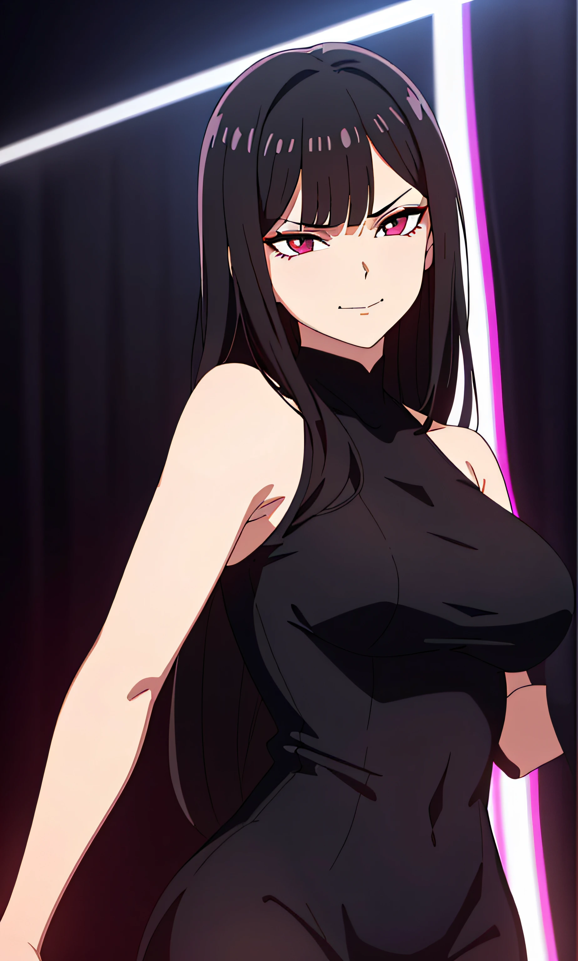 masterpiece, best quality, woman, long black hair with bangs, brown dark eyes, curveous body,, dressed in a low-cut, body-hugging black dress,, sexy, dark background, upper body, (closed mouth: smirking), looking at viewer, posing on a red carpet, slanted and dark eyes,, neon violet lights.