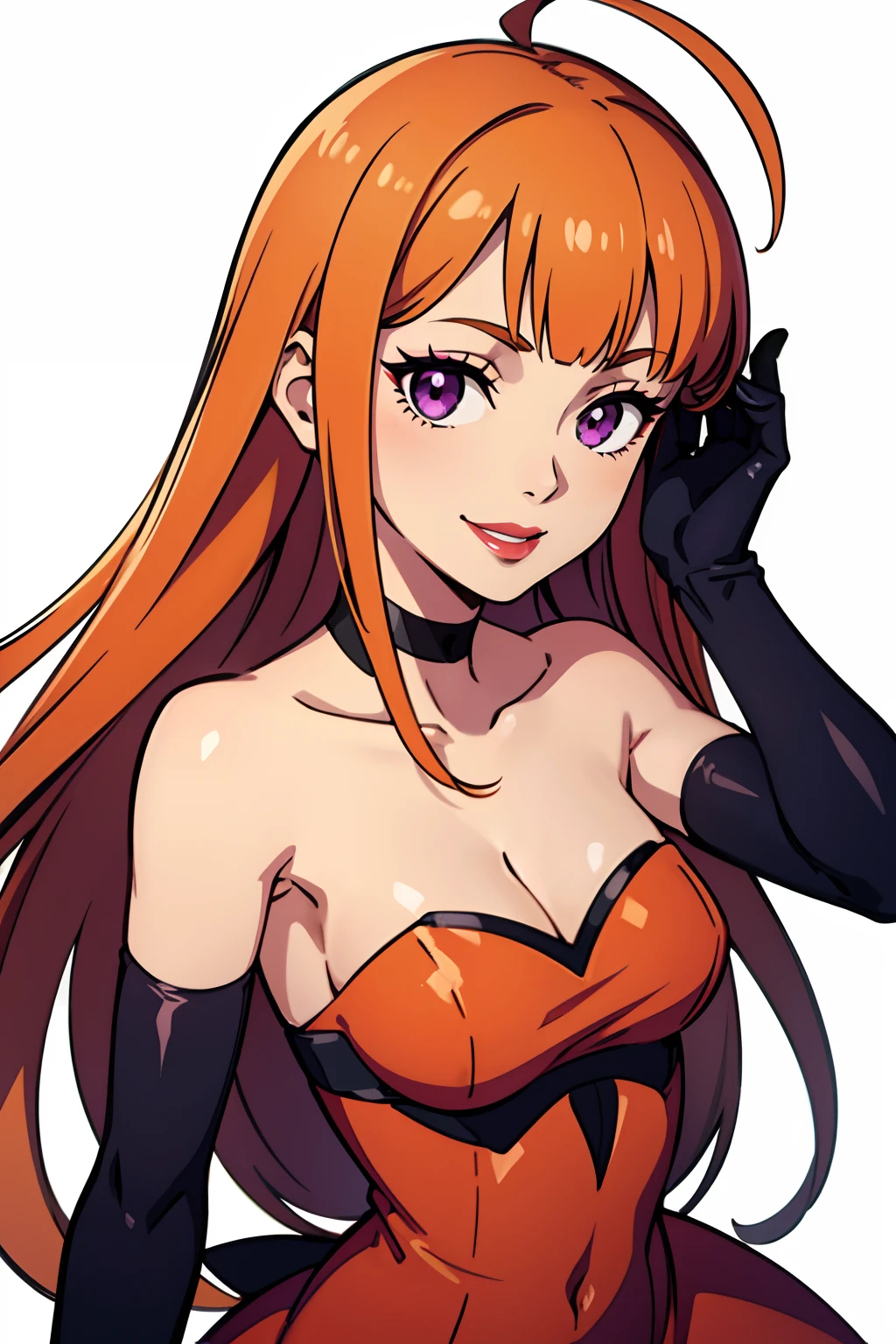 futaba sakura, orange hair, long hair, (purple eyes:1.1), ahoge, red, dress, strapless dress, long white elbow gloves, smile, red lipstick, purple eye shadow, makeup