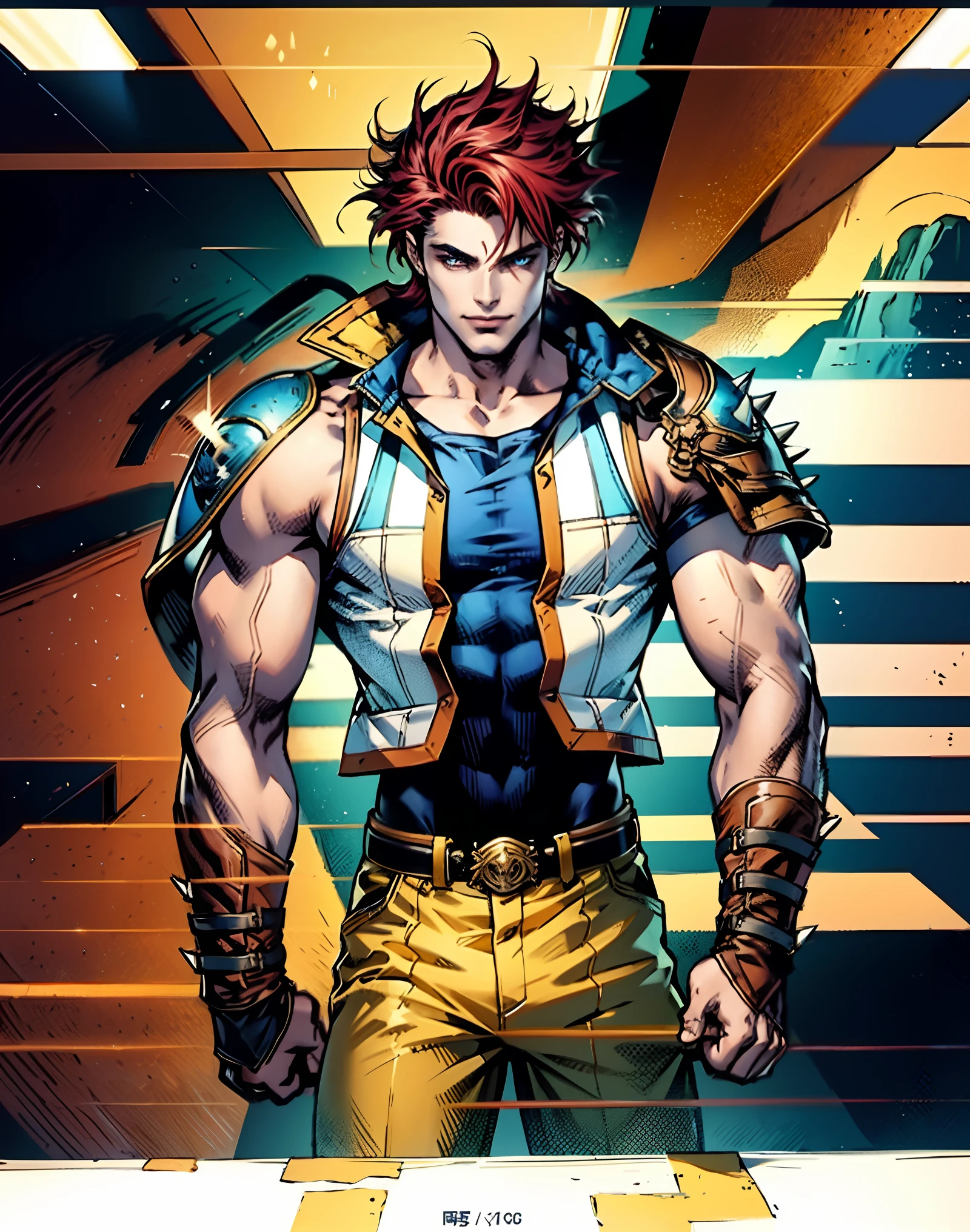 A teenage boy, short brown hair, spiked in the middle with a tuft of red hair, sharp gaze, a playful smile, a fantasy-style two-piece outfit, a dark-colored tight-fitting undershirt, a light-colored vest with wave patterns, a multifunctional belt, utility trousers, the surroundings depict swiftly flowing air, a high-speed blurred background, conveying a sense of speed, this character embodies a finely crafted fantasy-realistic style adventurer in anime style, characterized by an exquisite and mature manga illustration art style, high definition, best quality, highres, ultra-detailed, ultra-fine painting, extremely delicate, professional, anatomically correct, symmetrical face, extremely detailed eyes and face, high quality eyes, creativity, RAW photo, UHD, 8k, Natural light, cinematic lighting, masterpiece-anatomy-perfect, masterpiece:1.5