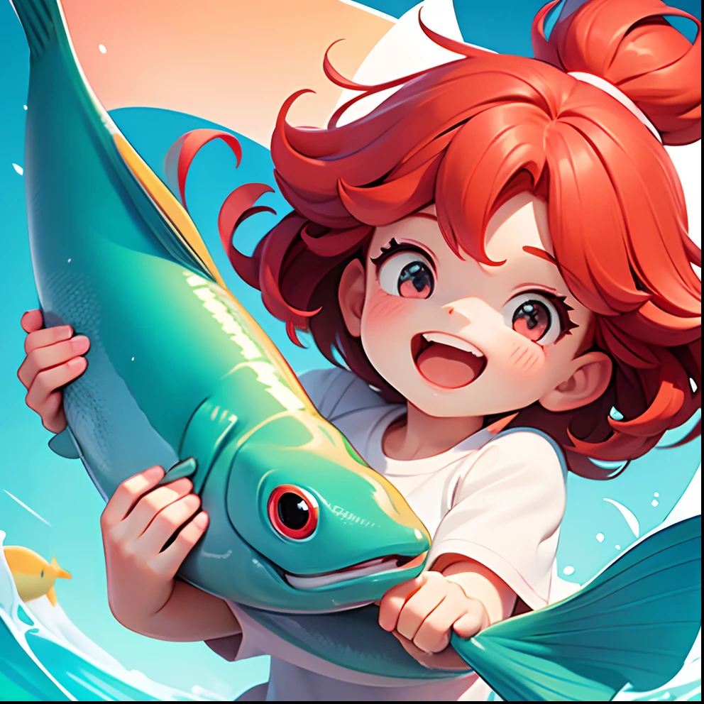 Close-up of a cartoon character holding a big fish, bit girl，red tinted hair，happy laughing