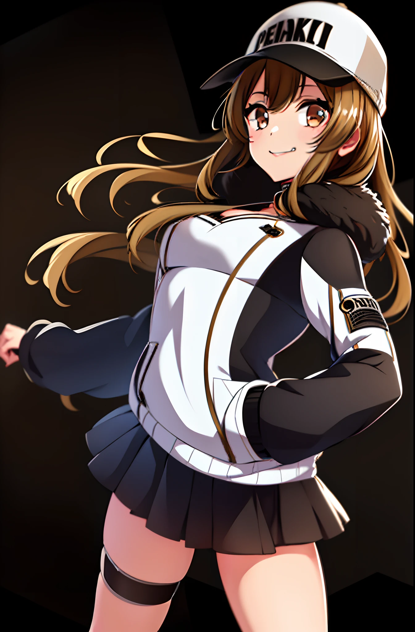 ((masterpiece, best quality)),very detailed, simple eyes,(((1girl))),standing ,hand_in_pocket, hand_on_hip, yamate kyoko , peaky p-key,bangs,belt, black clothes,baseball_cap, black_choker, black_skirt, breasts, brown_eyes, choker, cleavage, collarbone, fur-trimmed_coat, fur-trimmed_jacket, fur_trim, light brown hair, hat, white jacket, long_hair, long_sleeves, looking_at_viewer,medium_breasts, open_clothes, pleated_skirt, black skirt, smile, solo,thigh_strap,