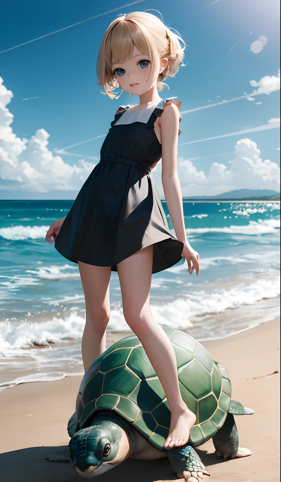 Background with(sea side),4K, High quality, Girl with a turtle, ,{ars old girl},{tiny body},{Gamine} a blond,cute little,