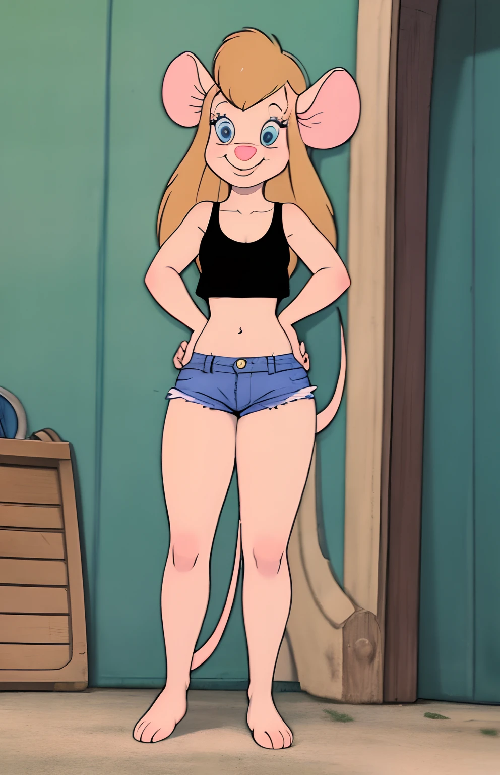 masterpiece, best quality, perfect blue eyes, animal nose, long mouse tail, 1girl, solo, happy, smile, ((cartoon)), retro artstyle, loose black tank top, midriff, short jeans, barefoot, animal feet, garage background