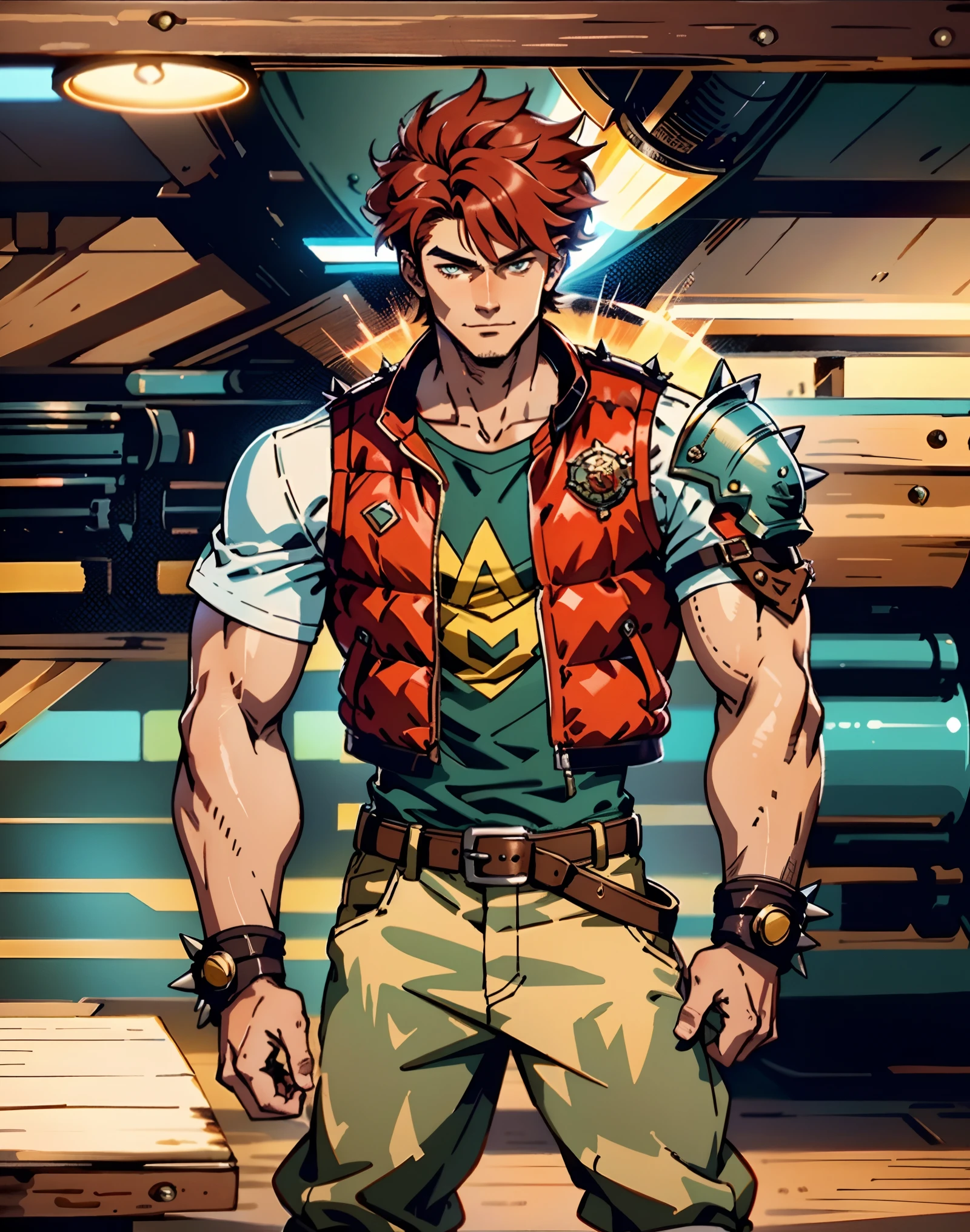 A  boy, short brown hair, spiked in the middle with a tuft of red hair, sharp gaze, a playful smile, a fantasy-style two-piece outfit, a dark-colored tight-fitting undershirt, a light-colored vest with wave patterns, a multifunctional belt, utility trousers, the surroundings depict swiftly flowing air, a high-speed blurred background, conveying a sense of speed, this character embodies a finely crafted fantasy-realistic style adventurer in anime style, characterized by an exquisite and mature manga illustration art style, high definition, best quality, highres, ultra-detailed, ultra-fine painting, extremely delicate, professional, anatomically correct, symmetrical face, extremely detailed eyes and face, high quality eyes, creativity, RAW photo, UHD, 8k, Natural light, cinematic lighting, masterpiece-anatomy-perfect, masterpiece:1.5