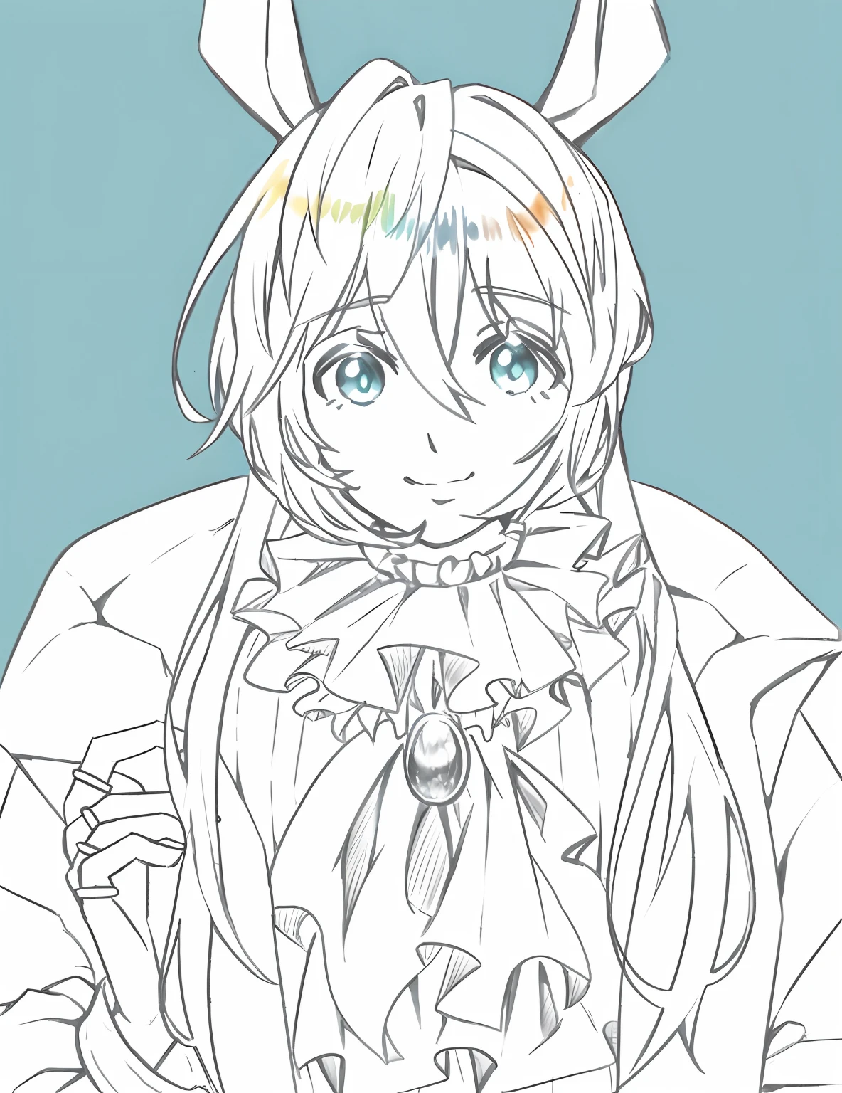 Anime girl with rabbit ears and bow in her hair, linear art, clean anime outlines, Rainbow Line - Art, rem rezero, colored line art, perfect lineart, line-drawing!!, line-drawing!!, hatsune miku portrait, thick linework, Anime shading), colorless, Flat anime style shading, li in dress, monochrome color, white cyan