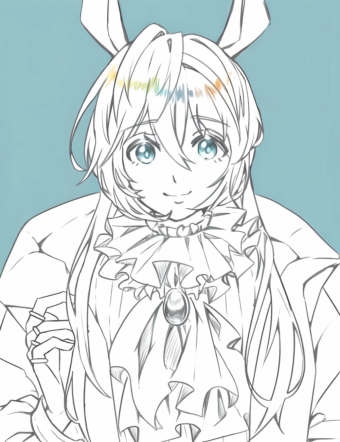 Anime girl with rabbit ears and bow in her hair, linear art, clean anime outlines, Rainbow Line - Art, rem rezero, colored line art, perfect lineart, line-drawing!!, line-drawing!!, hatsune miku portrait, thick linework, Anime shading), colorless, Flat anime style shading, li in dress, monochrome color, white cyan
