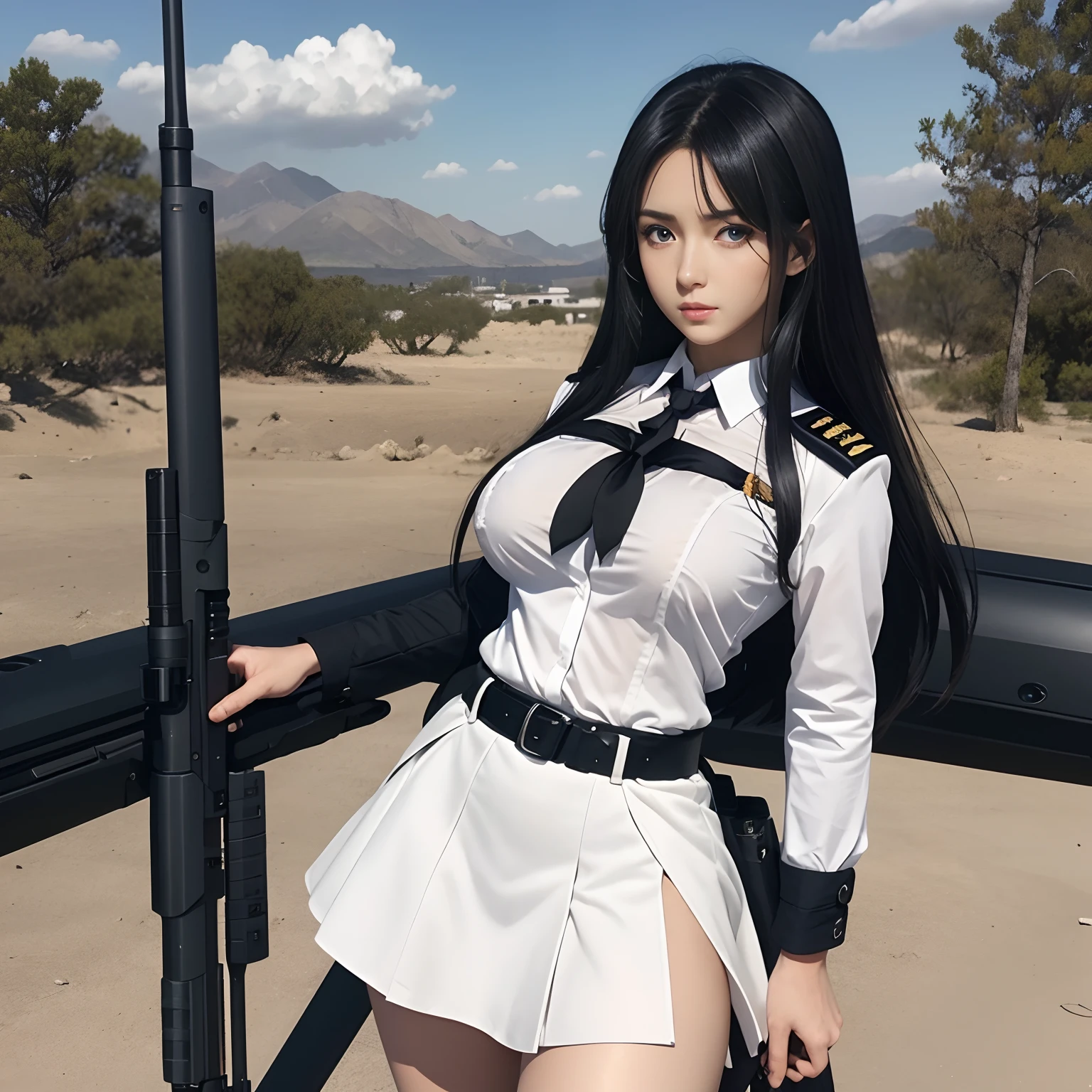 Best Quality, Beautiful skin, animesque, 1girl in, White military uniform, skirt by the, large full breasts, Long hair fluttering in the wind, Large-caliber sniper rifle, jet-black hair, Blue eyes, illustratio, Black tie, Belt under the chest, Serious look, guns,