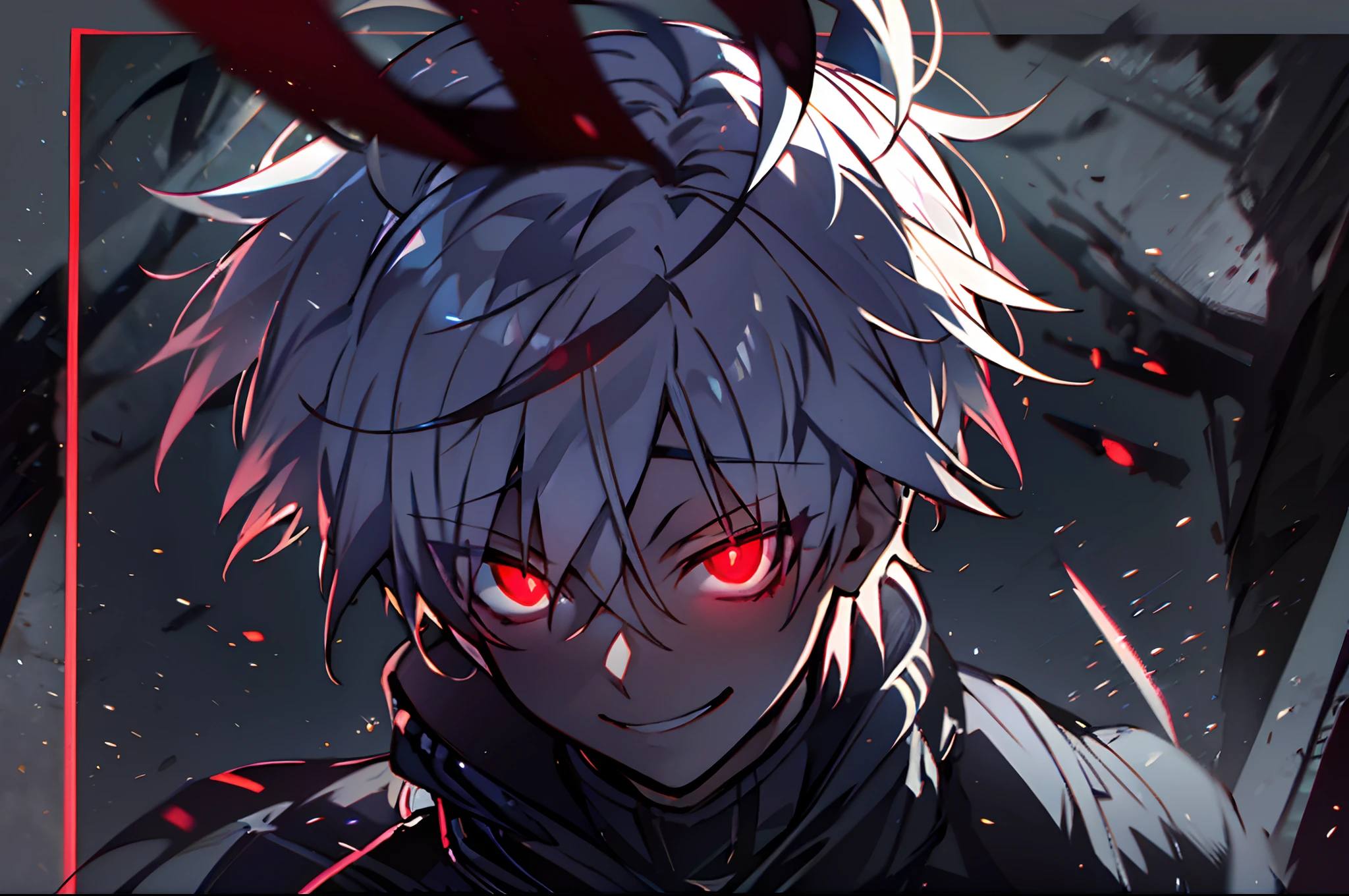 hight resolution,close range、Anime boy with white hair and red eyes staring at camera, Glowing red eyes,slim, dressed in a black outfit,Shadow Body,de pele branca,monochromes,hair messy,Grinning、Diagonal angle