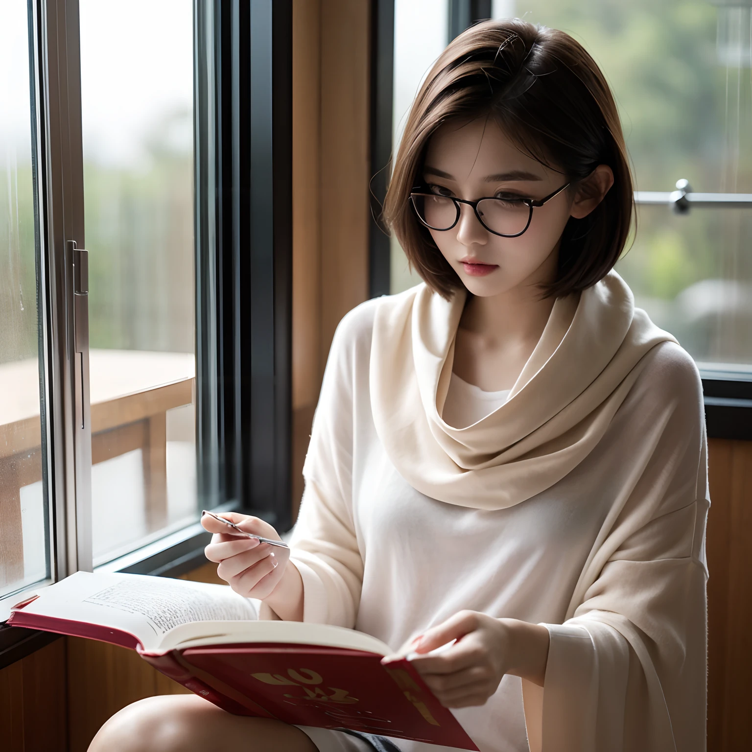 21-year-old girl，Concentrate on reading，Pure，Short shawl hair，wears glasses，floor to ceiling window，rainy days，Vista view，hyper HD