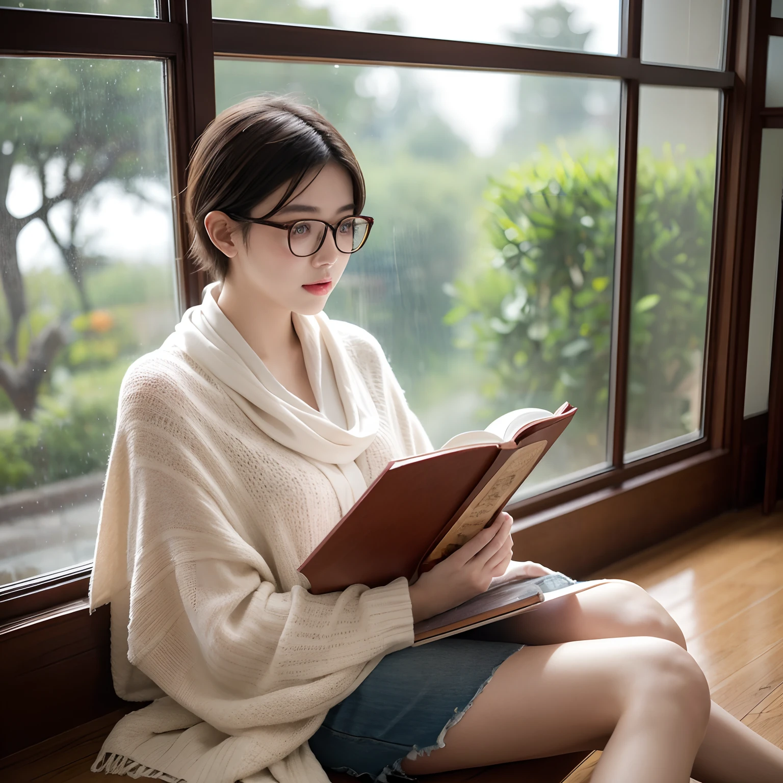 21-year-old girl,Concentrate on reading,Pure,Short shawl hair,wears glasses,floor to ceiling window,rainy days,Vista view,hyper HD