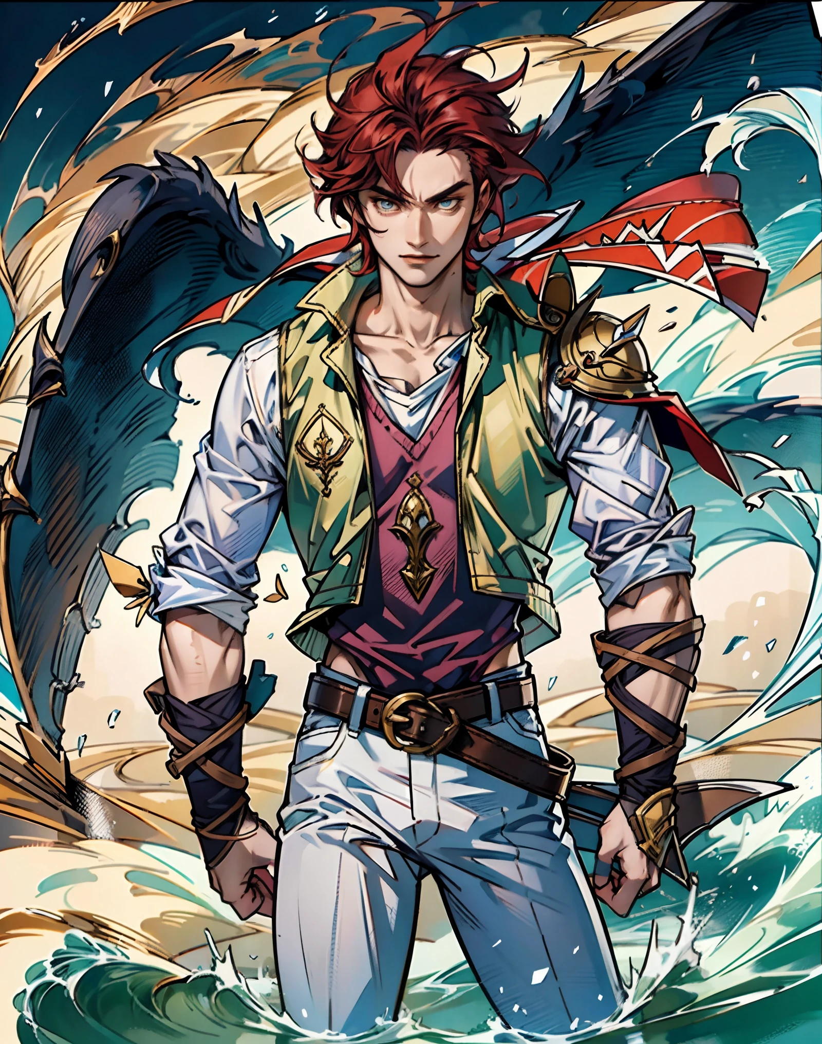 A teenage boy, short brown hair, spiked in the middle with a tuft of red hair, sharp gaze, a playful smile, a fantasy-style two-piece outfit, a dark-colored tight-fitting undershirt, a light-colored vest with wave patterns, a multifunctional belt, utility trousers, the surroundings depict swiftly flowing air, a high-speed blurred background, conveying a sense of speed, this character embodies a finely crafted fantasy-realistic style adventurer in anime style, characterized by an exquisite and mature manga illustration art style, high definition, best quality, highres, ultra-detailed, ultra-fine painting, extremely delicate, professional, anatomically correct, symmetrical face, extremely detailed eyes and face, high quality eyes, creativity, RAW photo, UHD, 8k, Natural light, cinematic lighting, masterpiece-anatomy-perfect, masterpiece:1.5