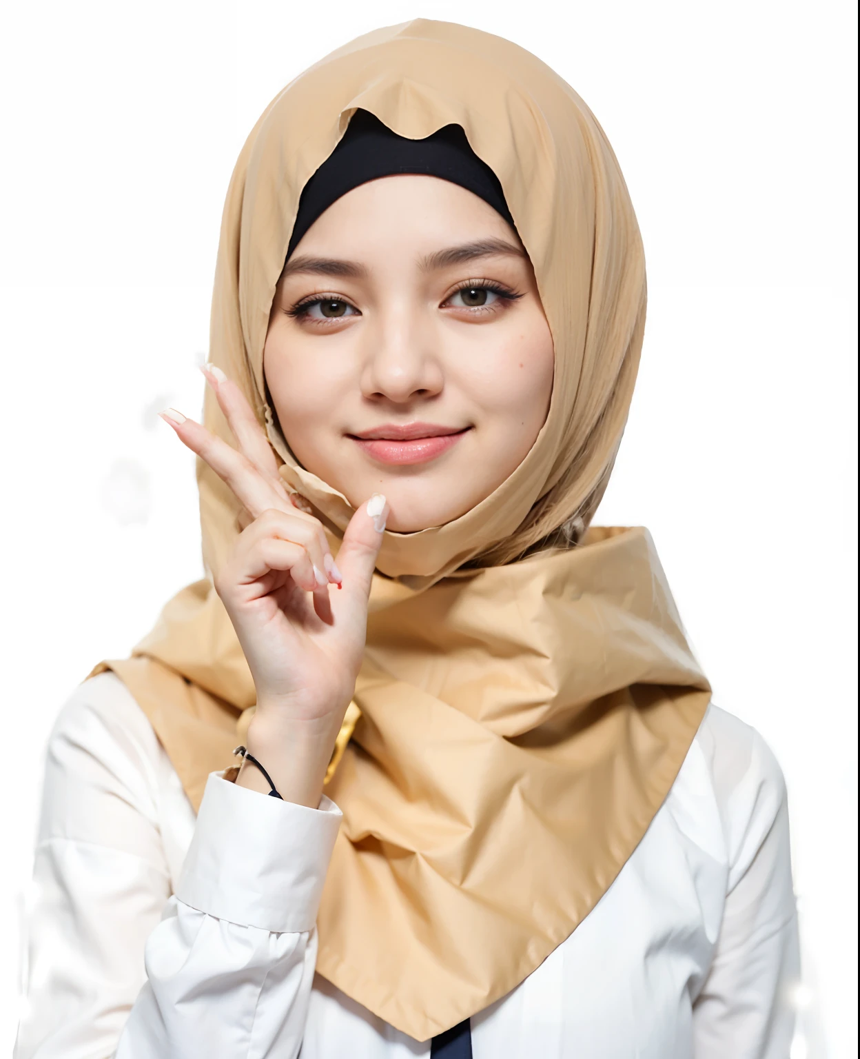 Beautiful hijab women wearing white sweater and cap, name tag Hayati, smiling